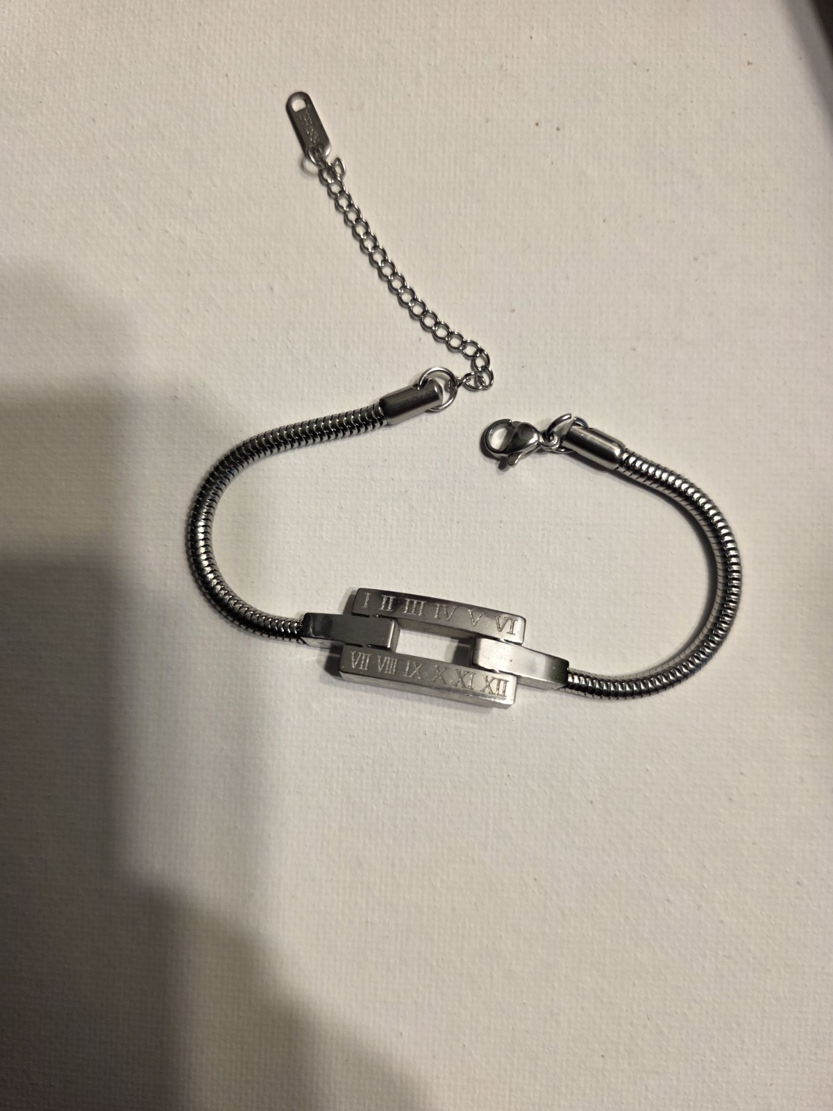 Silver Tone Roman Numeral Bar Snake Chain Bracelet Adjustable Lobster Clasp