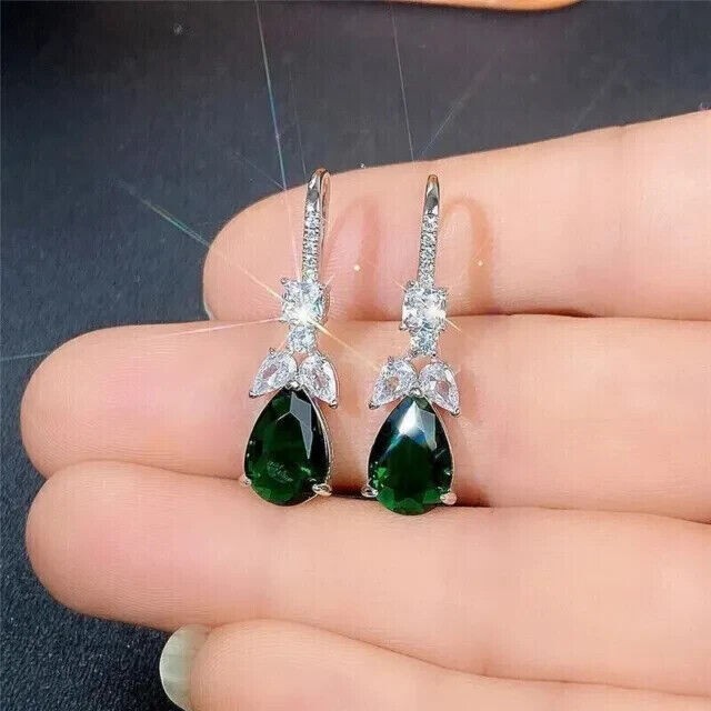 4Ct Pear Cut Simulated Green Emerald Drop/Dangle Earrings 14K White Gold Plated