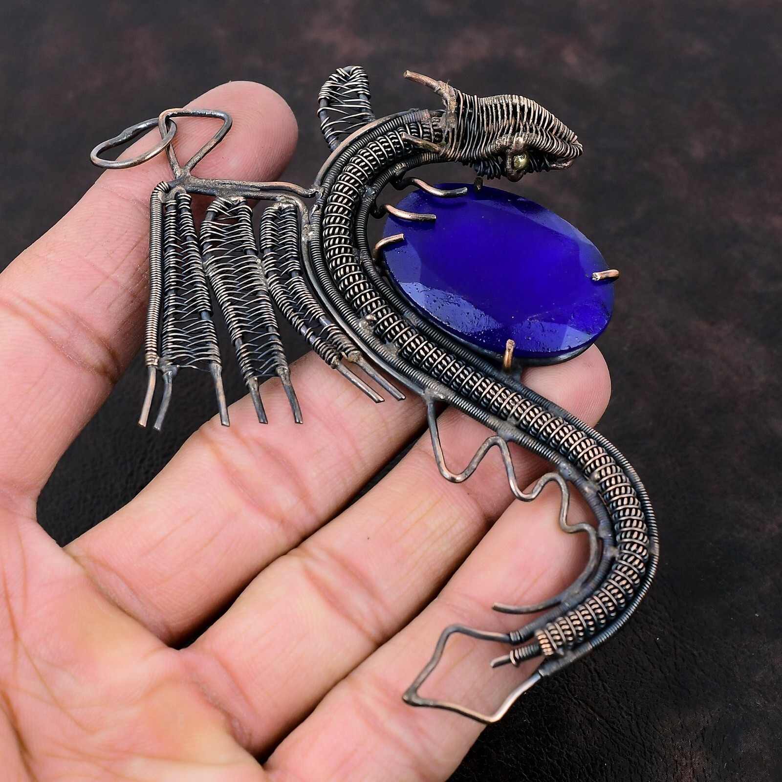 Blue Saphire Jewelry Copper Gift For Mum Wire Wrapped Dragon Pendant 4.41″