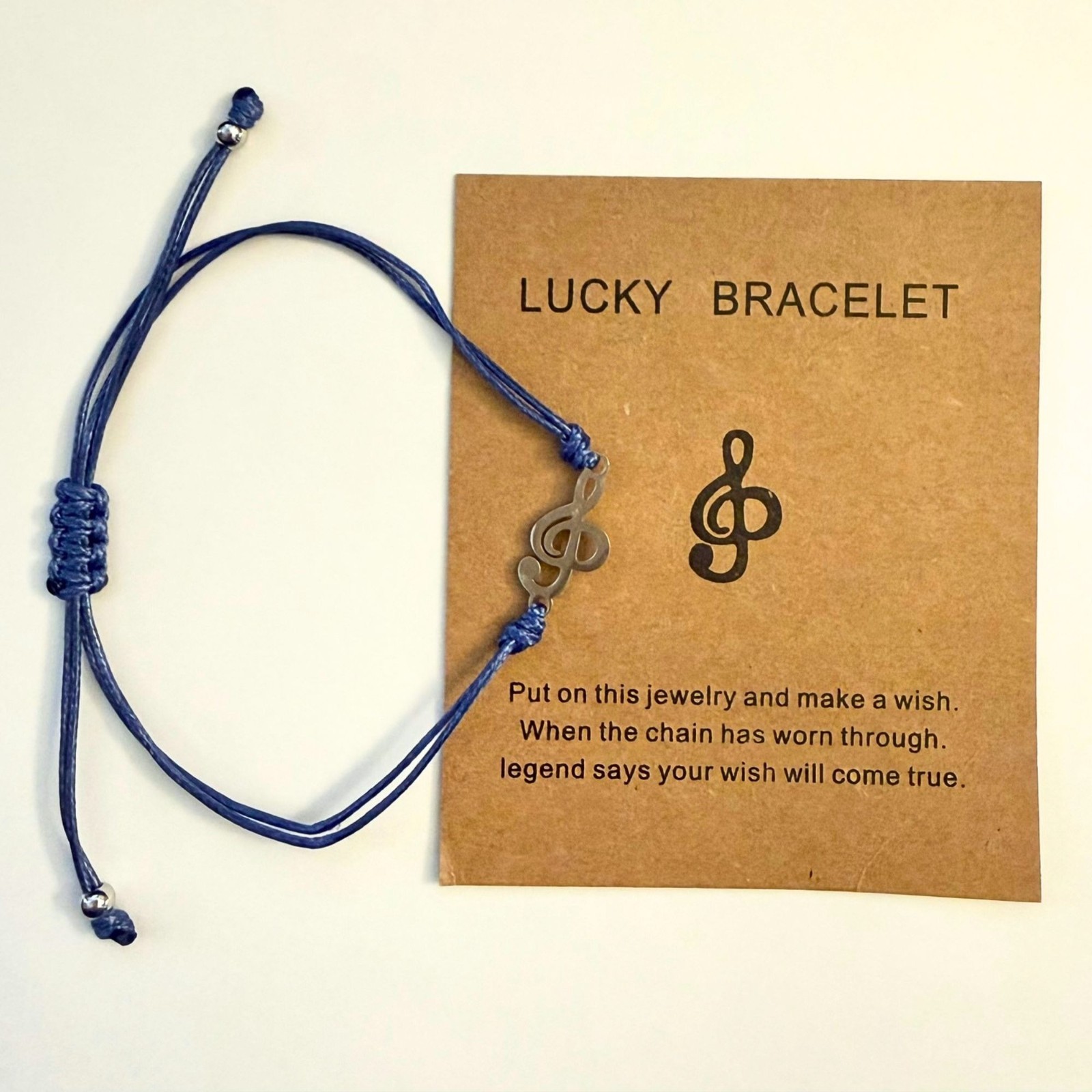 Music Wish Bracelet Stainless Steel Treble Clef Blue Woven Cord