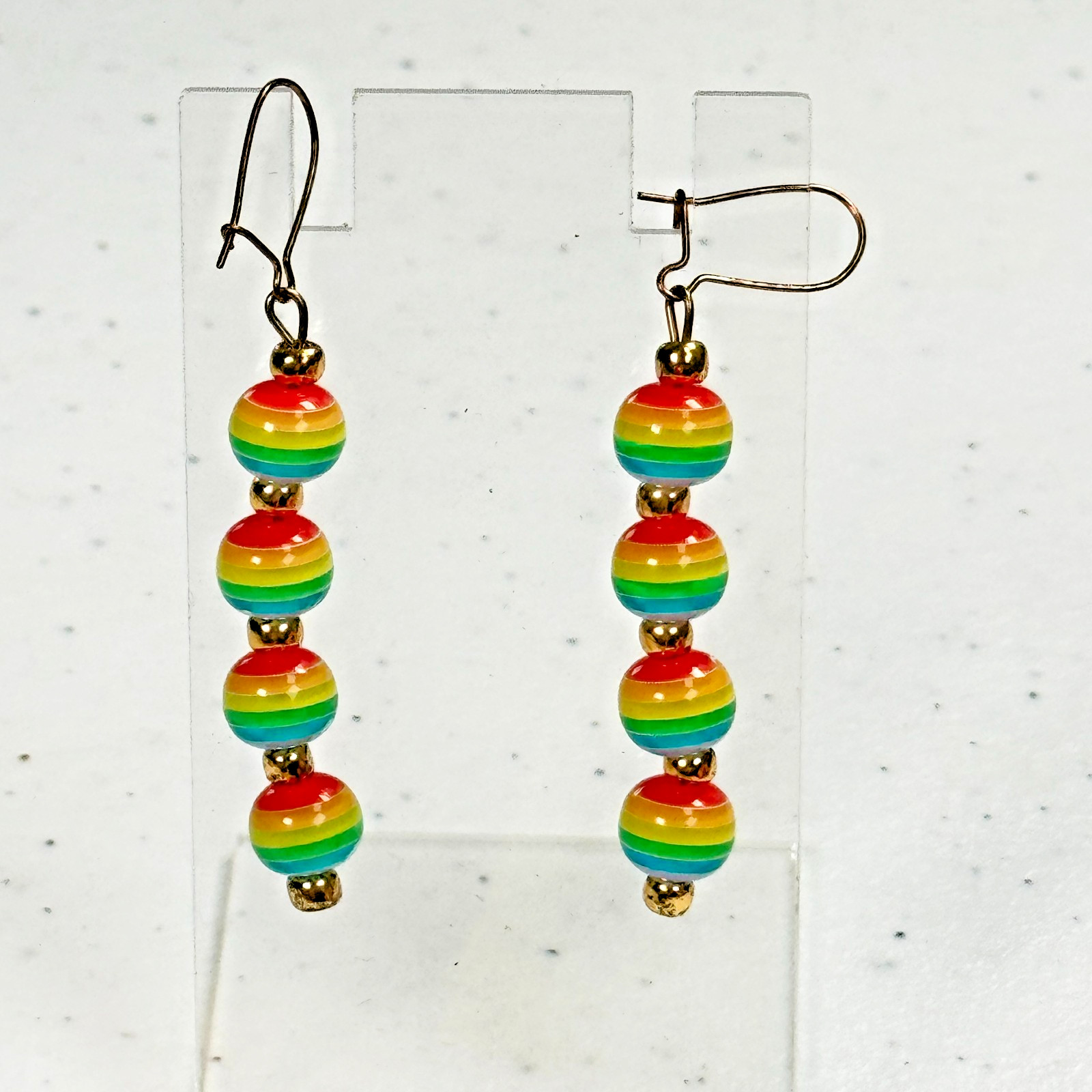 Vintage Pierced Earrings Rainbow Stripe Beaded Dangle Colorful Lucite Mod Retro