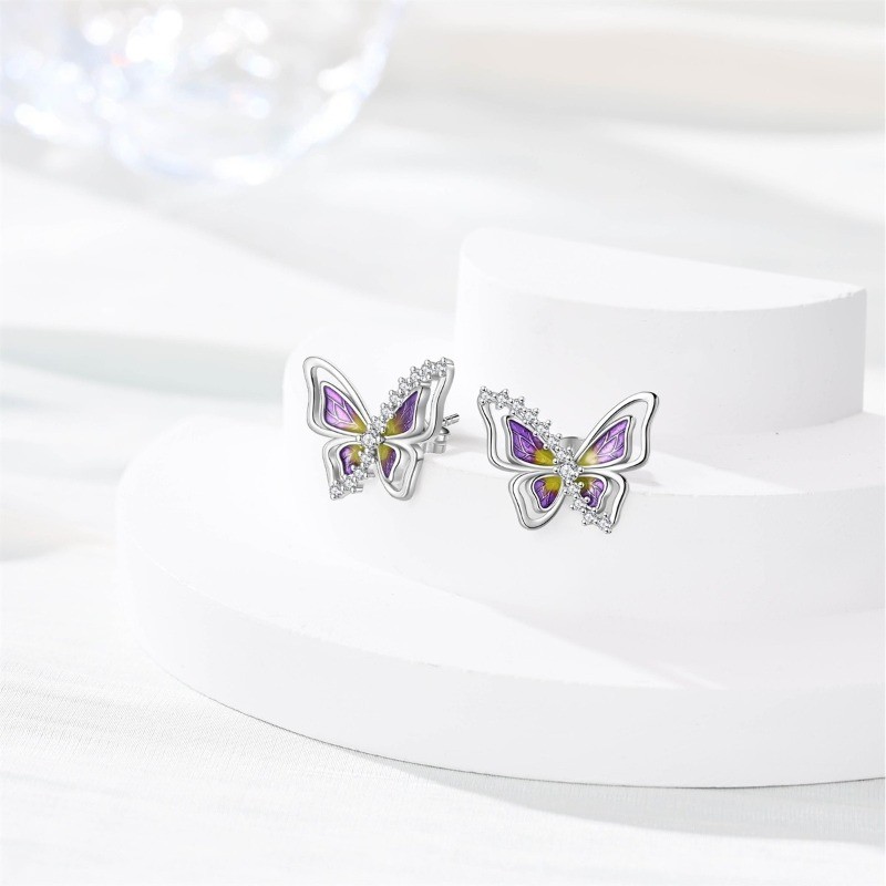 PANDACH 925 Sterling Silver Tiny Butterfly Studs with Pave Accent Women Earrings