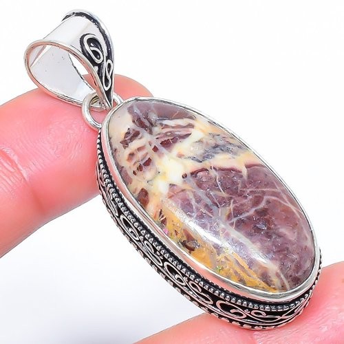 Natural Cappuccino Jasper Gemstone 925 Silver Plated Jewelry Pendant 2.0″ S260