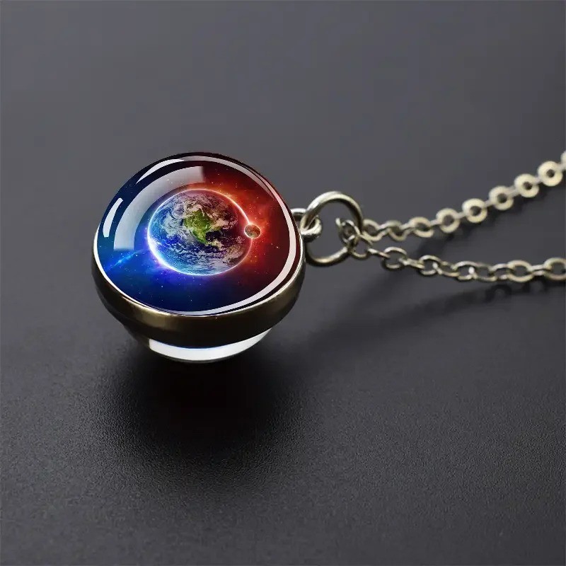 Double Sided Galaxy Planet Glass Ball Pendant Necklace Sun Earth Moon Mars