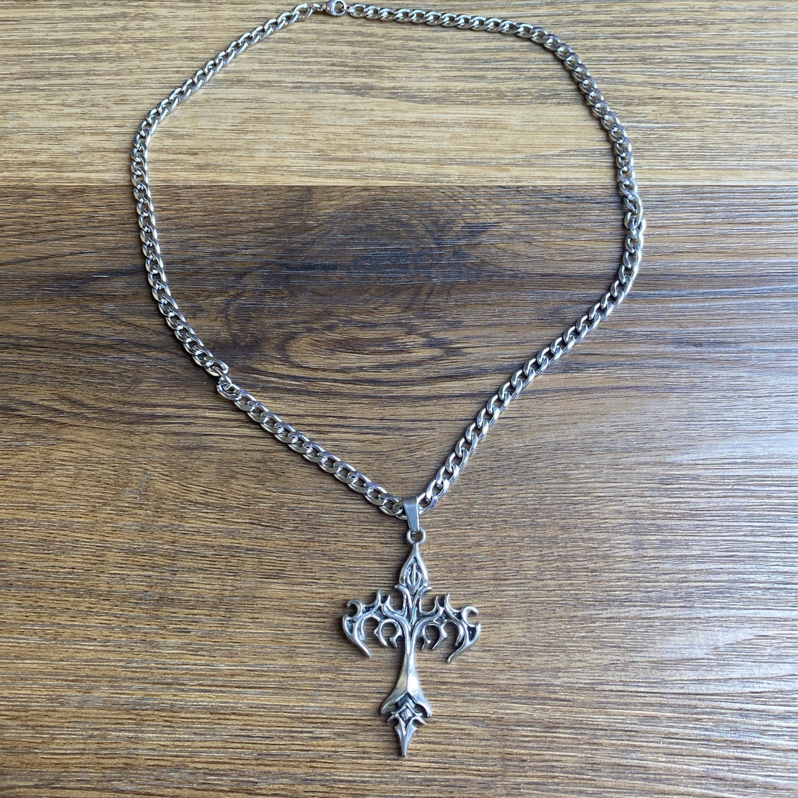 Silver Gothic Cross Charm Pendant Necklace Cable Chain Metal Religious Style