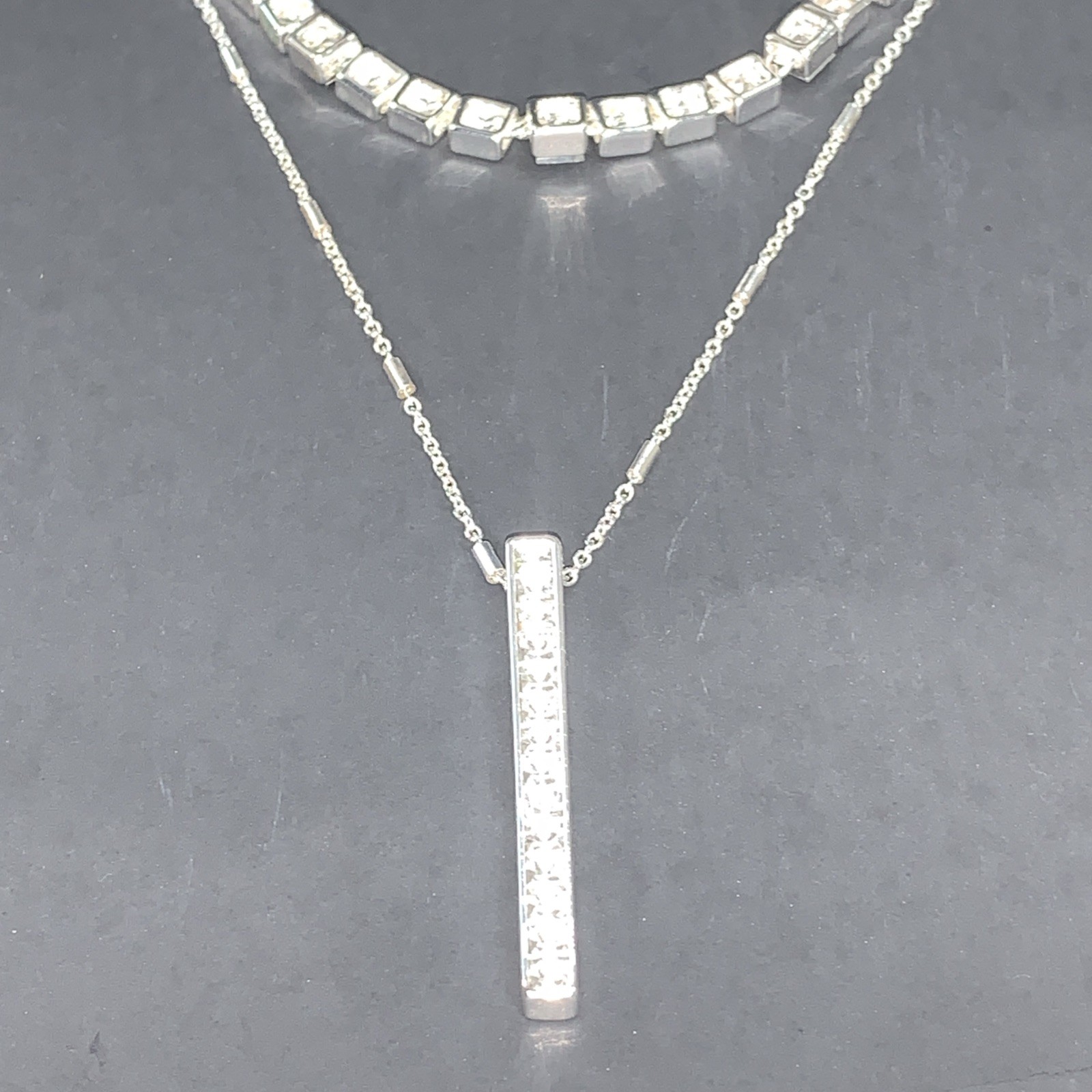 9West Crystal Square Links & Vertical Bar Pendant Layered Necklace Silver Tone