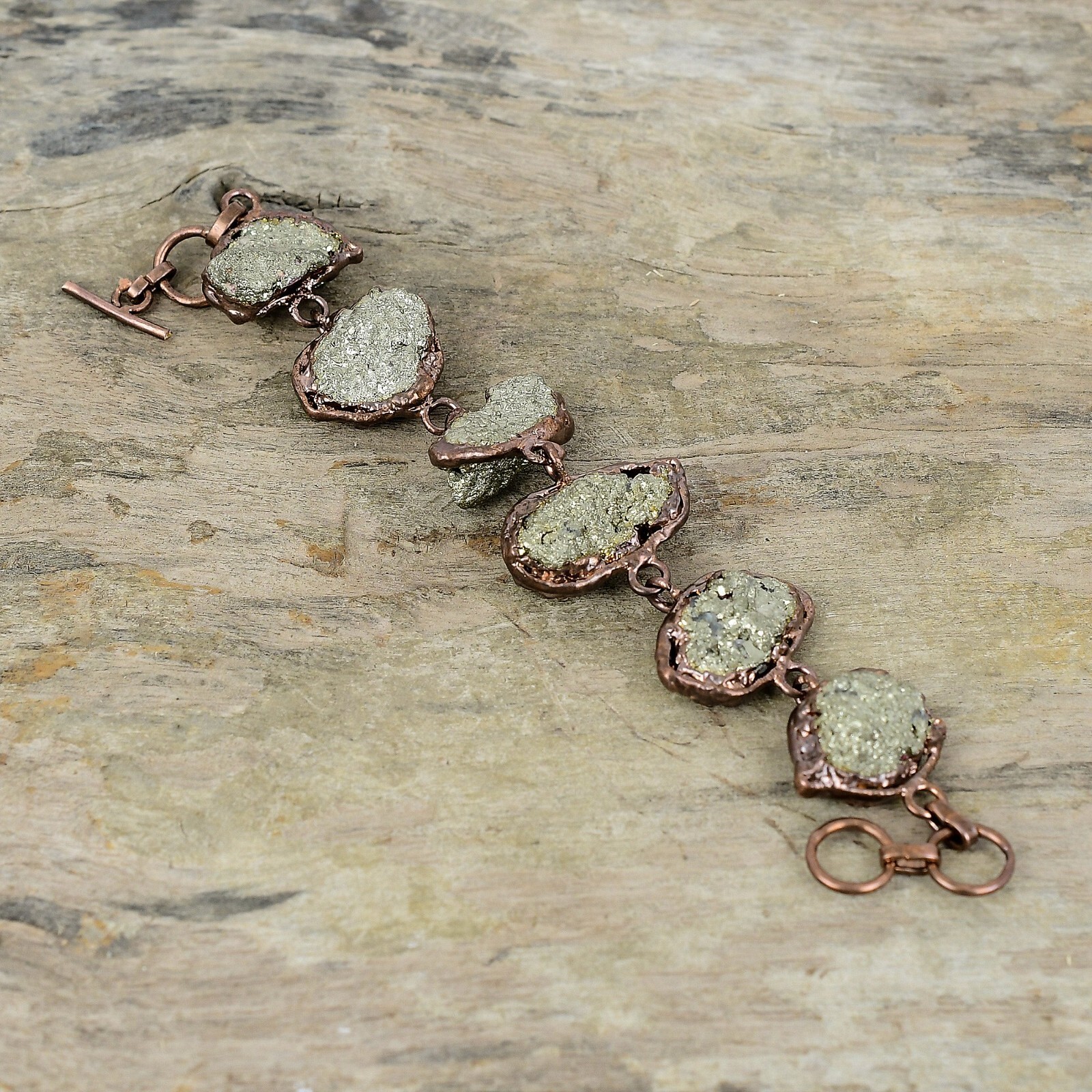 Pyrite Rough Copper Love Gift Electroformed Chain Adjustable Bracelet 6.0″