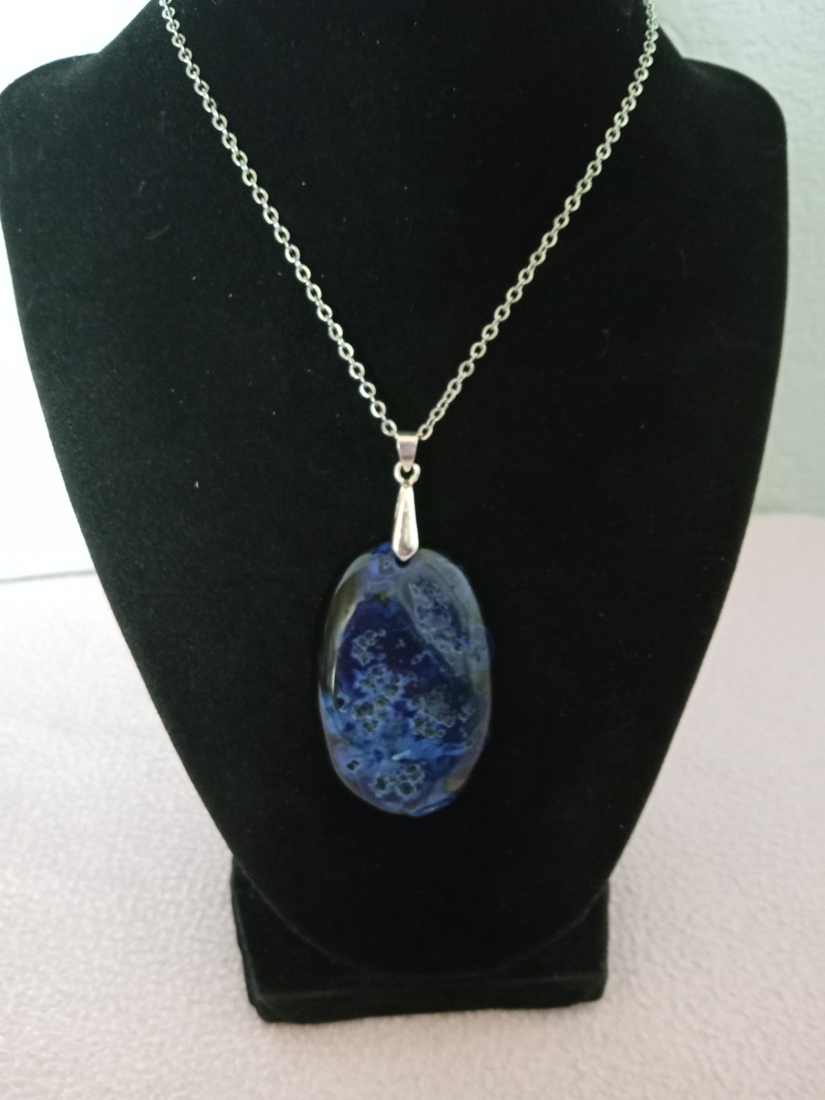 Beautful Blue Oval Stone Pendant color enhanced with 18 inch chain