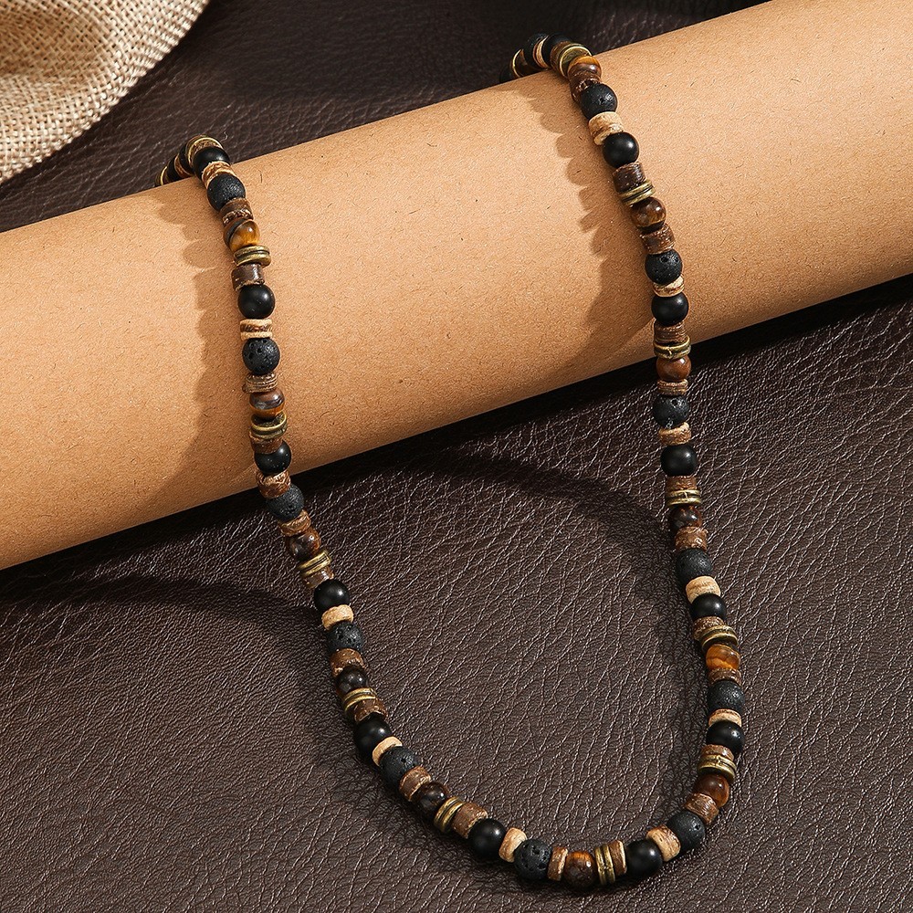 Mens Boho Necklace Tiger Eye Lava Stone Wood Beads Surfer Handmade Choker