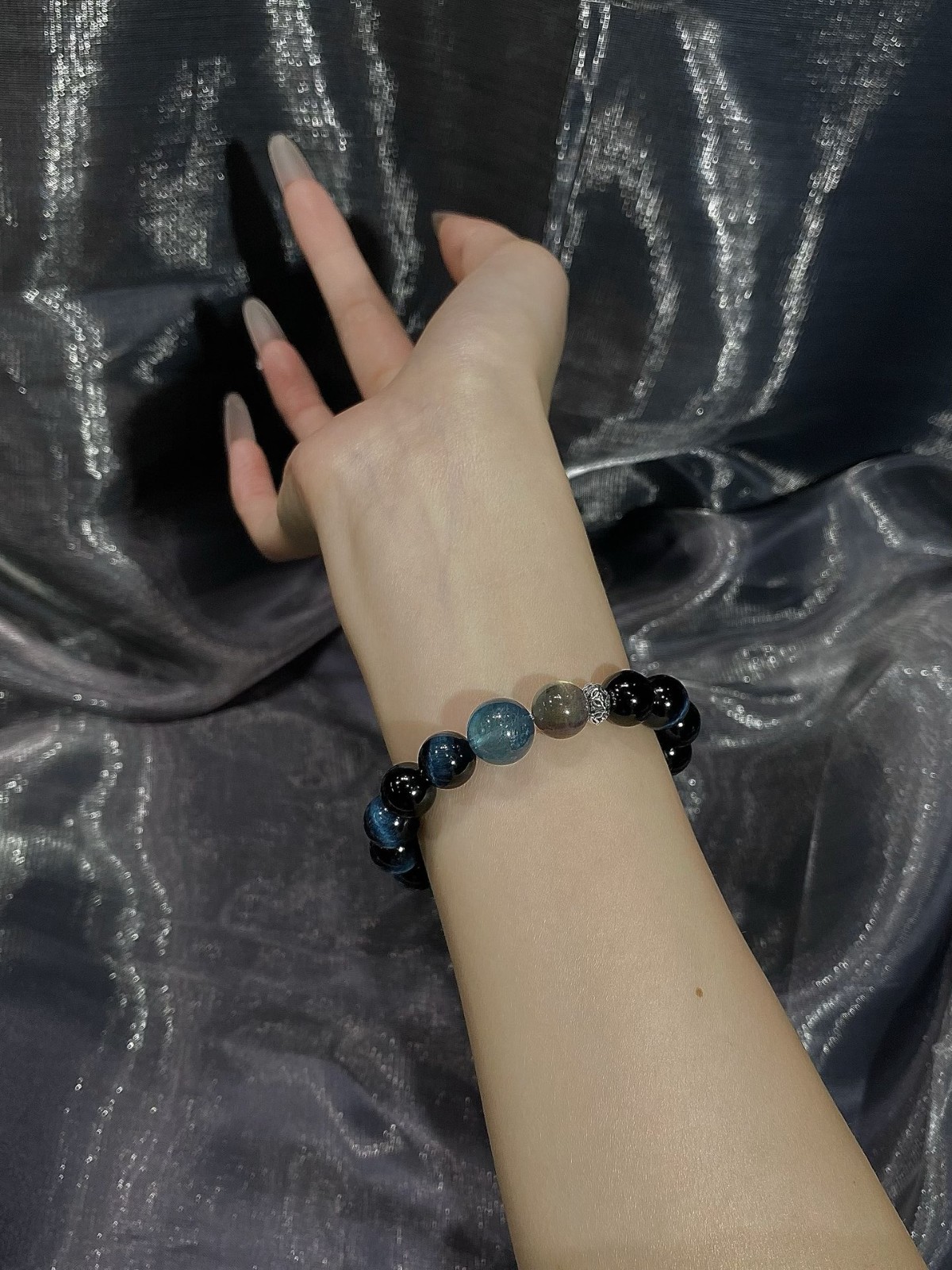 LUSA FEELA Natural Blue Tiger Eye Aquamarine Stretch Bracelet Gift Box