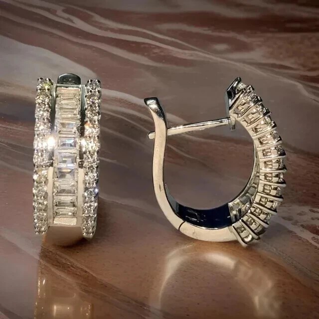 2.40Ct Baguette Cut Simulated Diamond Huggie Hoop Earrings 14k White Gold Plated