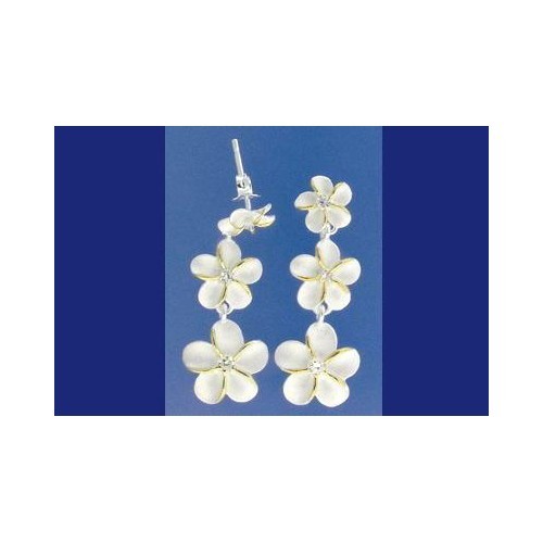 SILVER 925 HAWAIIAN 3 PLUMERIA FLOWER 8MM-10MM-12MM DANGLE EARRINGS CZ 2 TONE