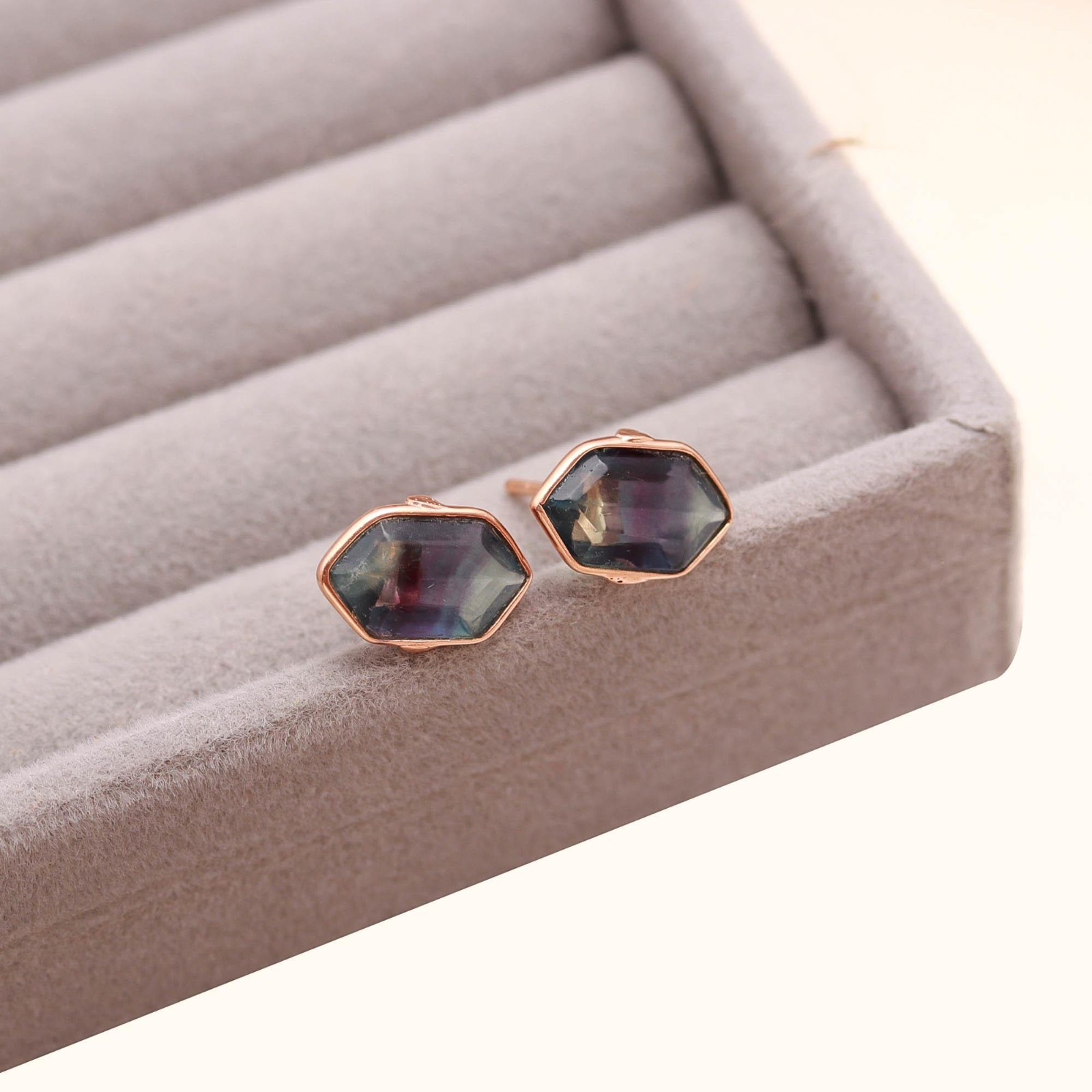 Natural Fluorite Hexagon Stud Earrings Rose Gold Plated Solid Silver Jewelry