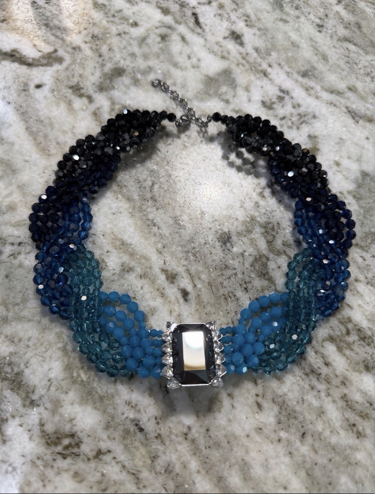 Swarovski Player Necklace Black and Shades of Blue EUC