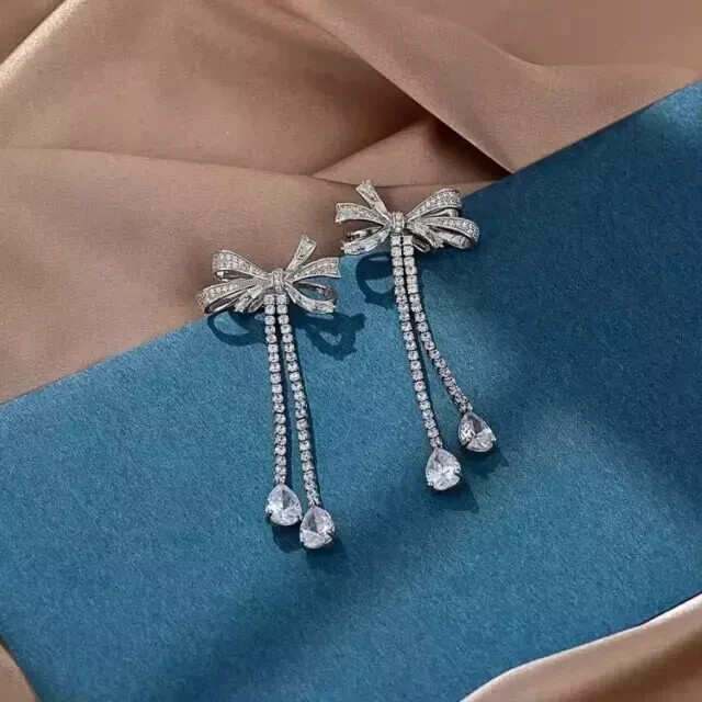 Women’s Bow Dangle Earrings 14K White Gold Plated 2.30Ct Pear Simulated Diamond