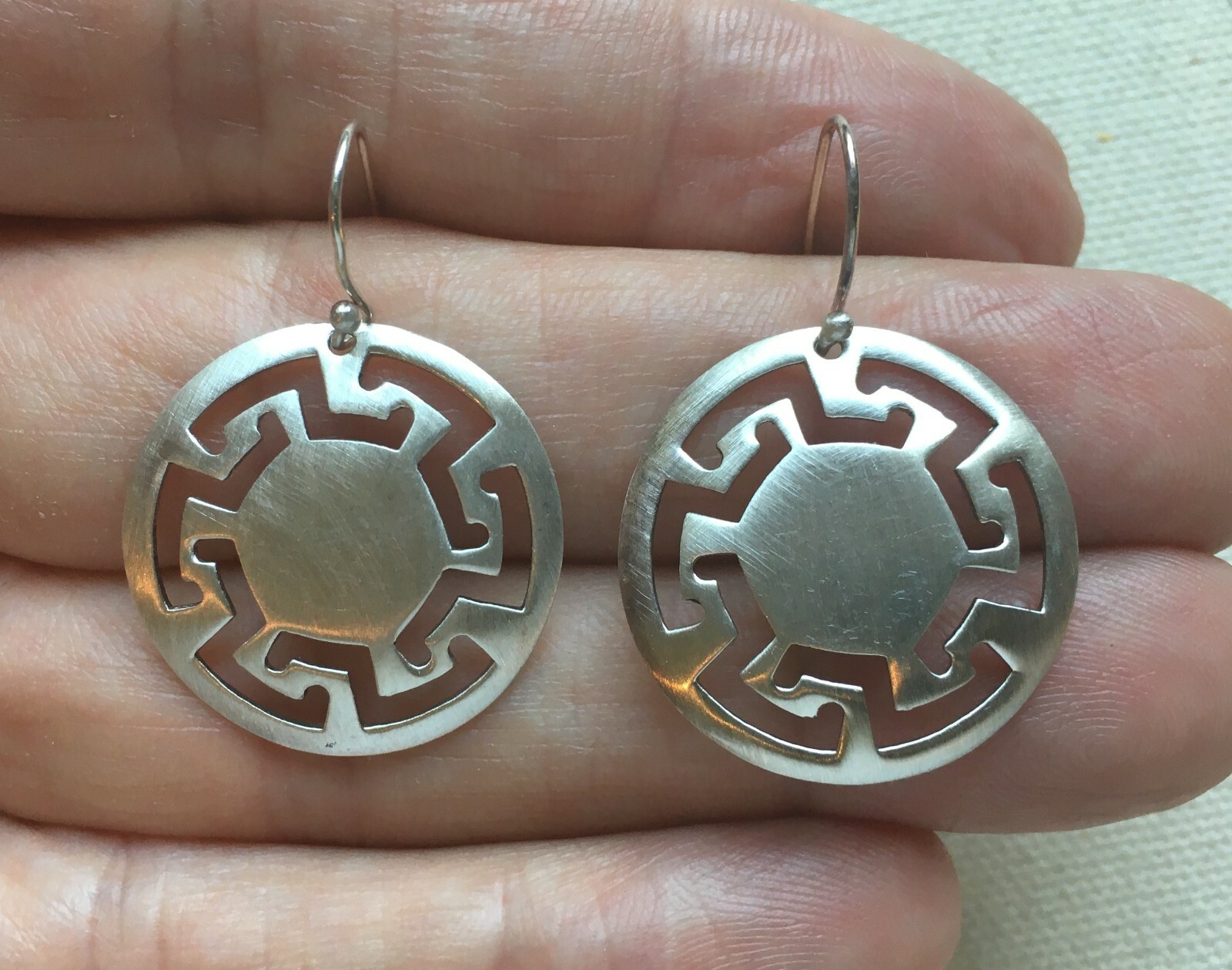 Greek Key Disk Earrings Sterling Modern Artisan Retro Bohemian Southwest 1.5″