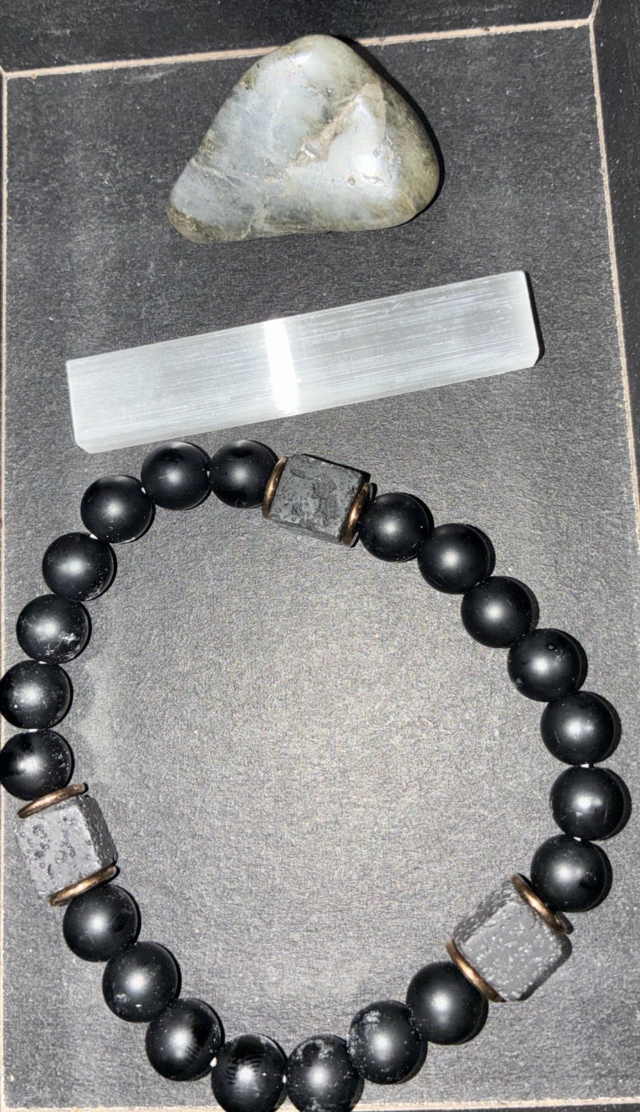 Black Stretch Crystal Beaded Stone Bracelet, labradorite, selenite stick