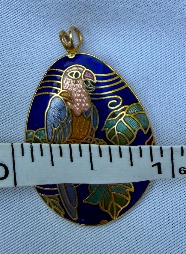 Vintage Cloisonne Parrot Bird Pendant Blue Enamel Gold Tone Tropical Charm