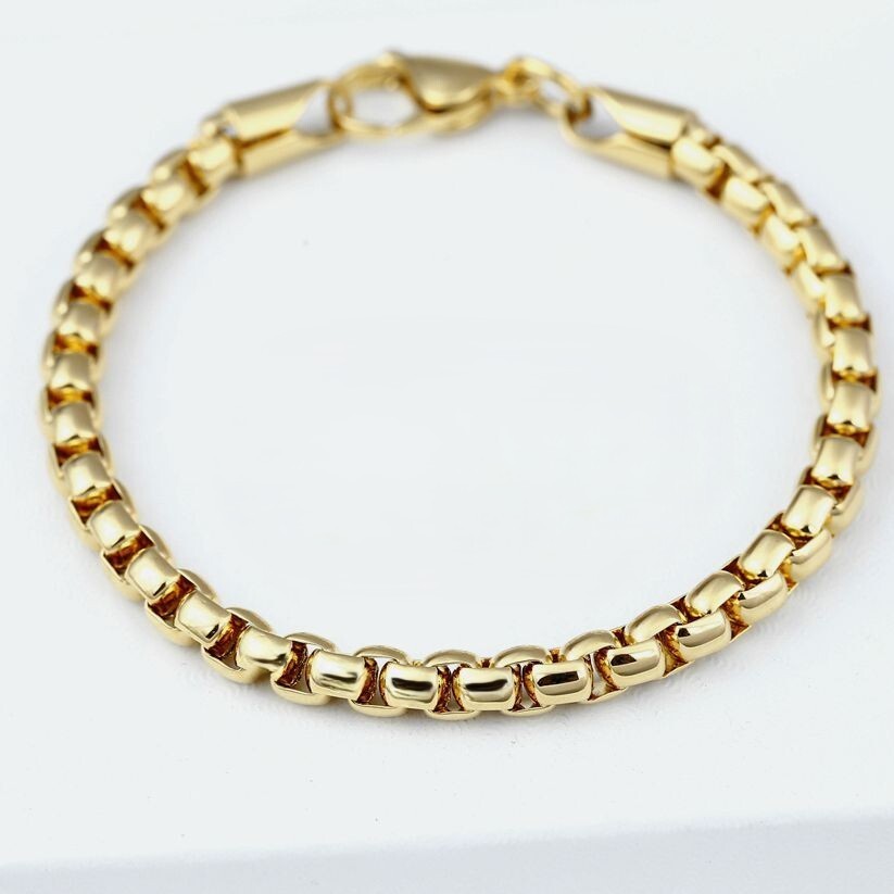 Men’s 8.5″ Stainless Steel 5.5mm Round Box Chain Bracelet Gold plated BOX