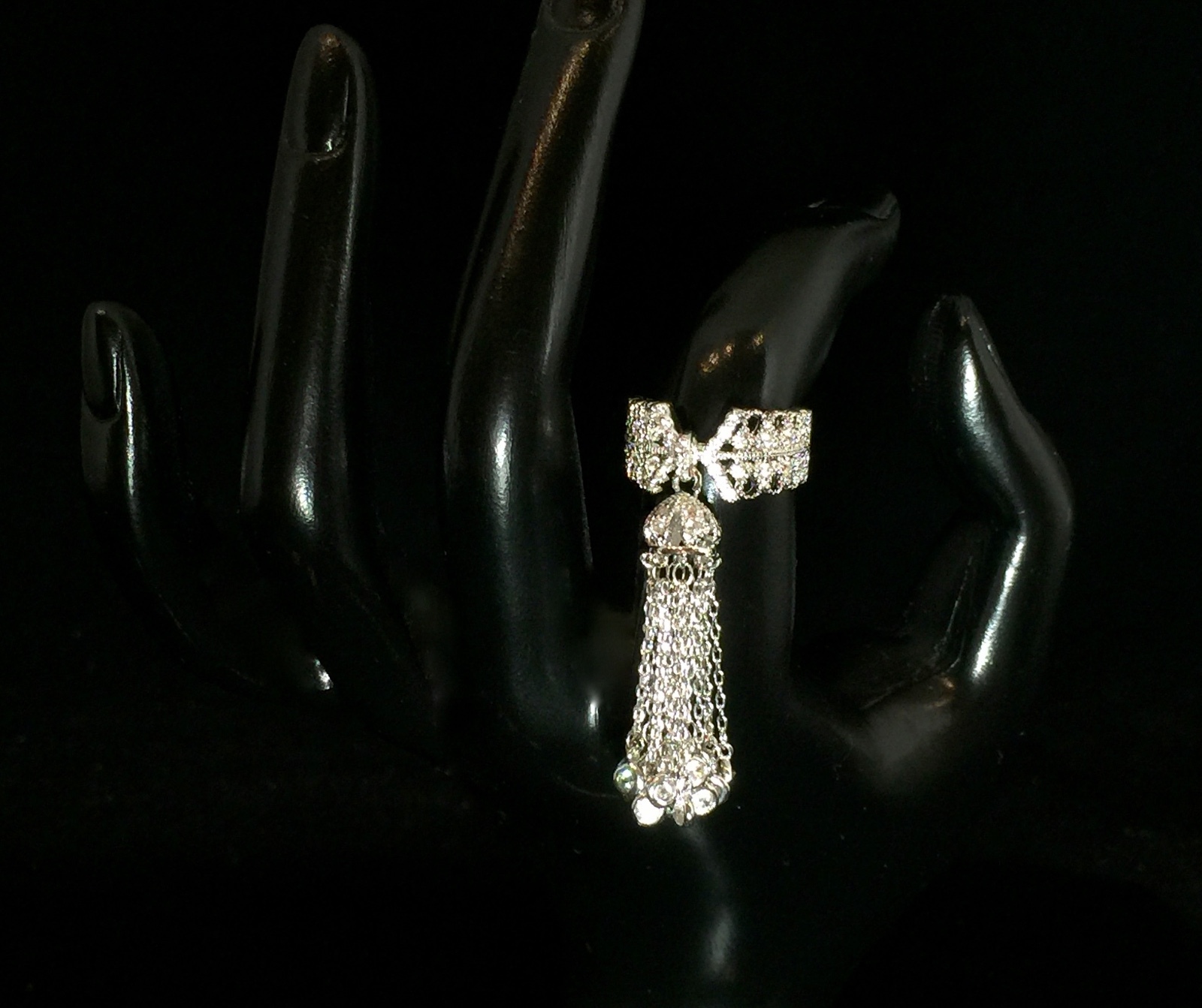 18k White Gold Plated Haute Couture Fringe Tassel Ring made w Swarovski Crystal