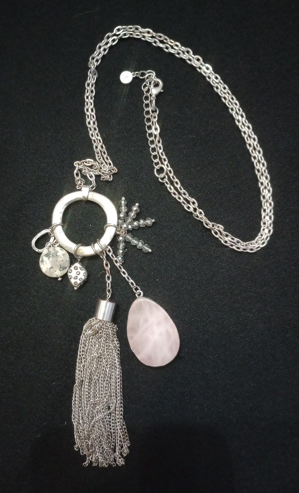 Silver Tone Cable Chain Tassel Charm Necklace Pink Teardrop Quartz, Lobster