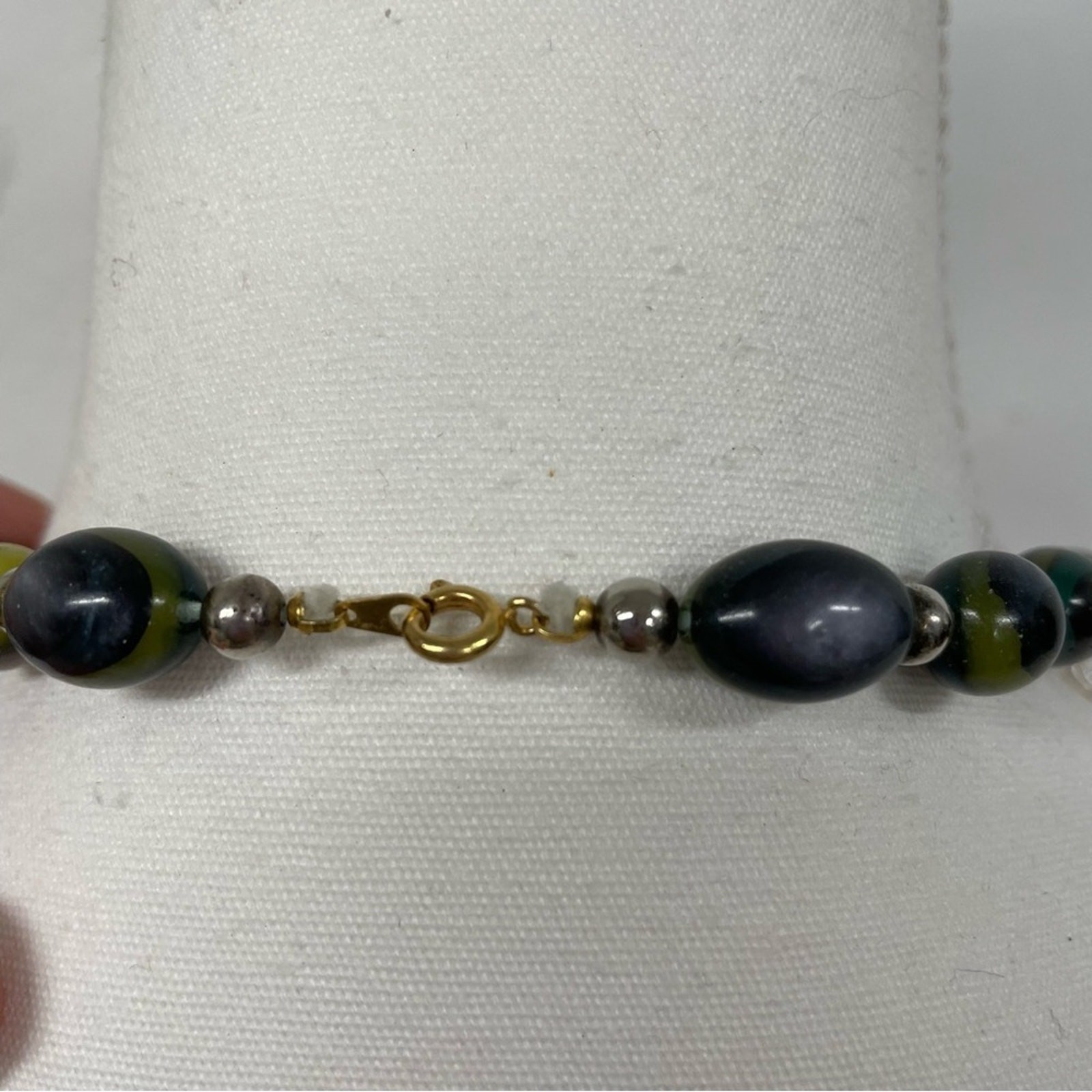 Blue & Green Glass Beads Necklace Silver Tone Chunky Artsy Boho