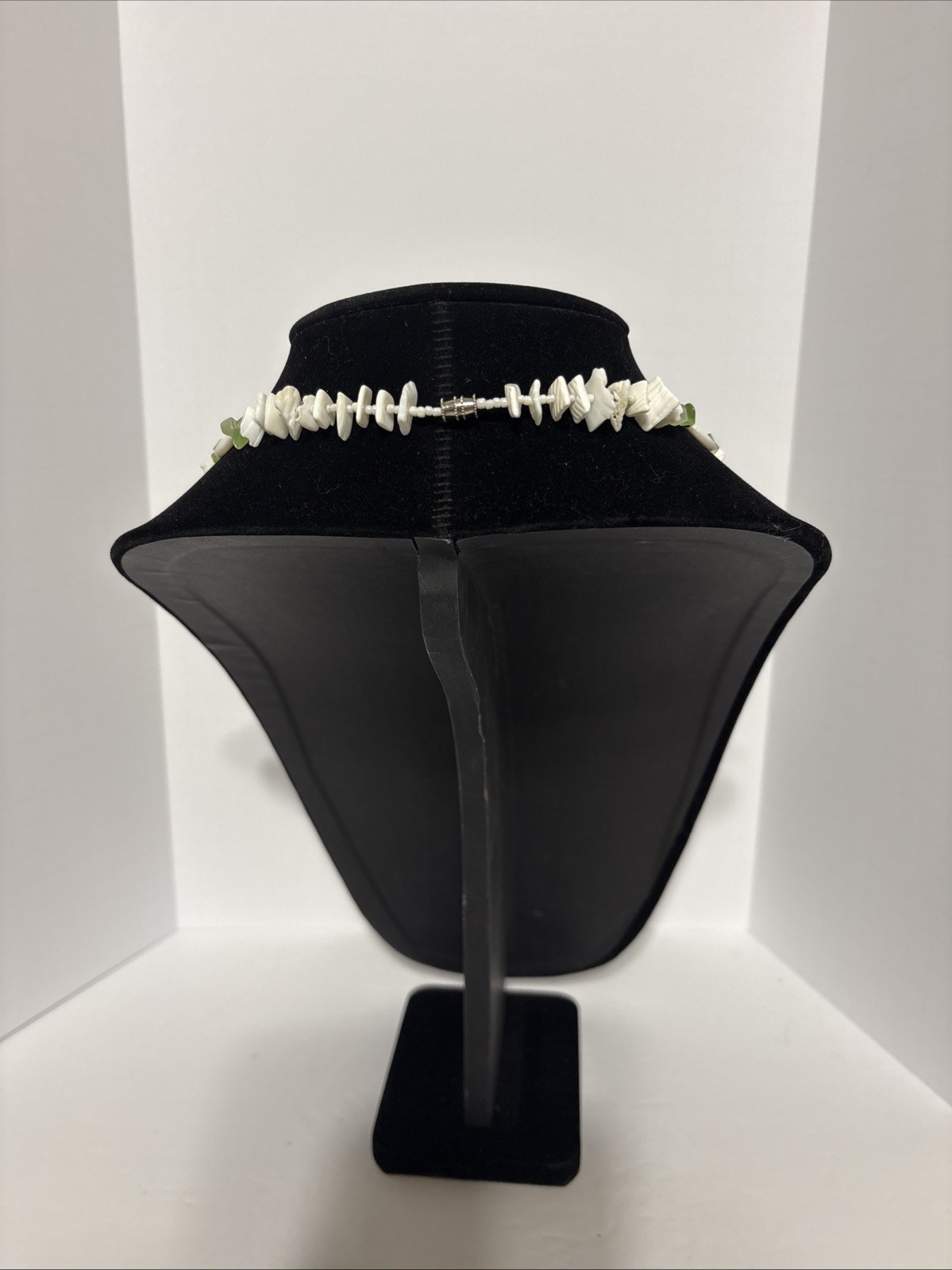 White Shell Chip Necklace | Green Beaded Choker Necklace | Beach Coastal Jewelry