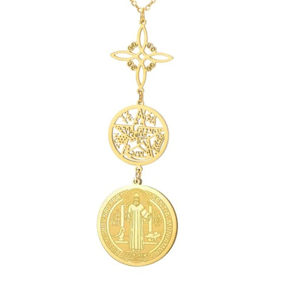 Stainless Steel Triple Protection Necklace Pentagram St Benedict Pendant
