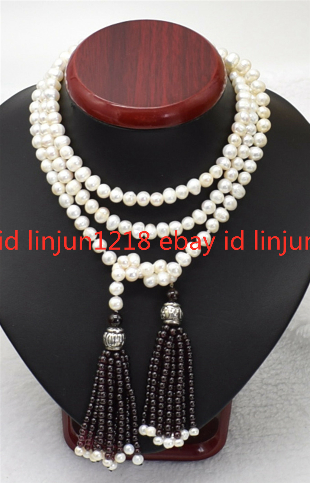 New Beautiful 7-8mm White Cultured Pearl 4mm Red Garnet Gemstone Necklace 50”
