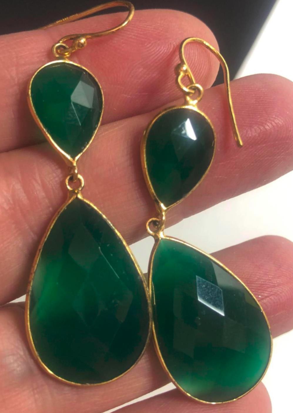 1698 Vermeil 925 sterling Green agate teardrop elegant Earrings 7.8 grams