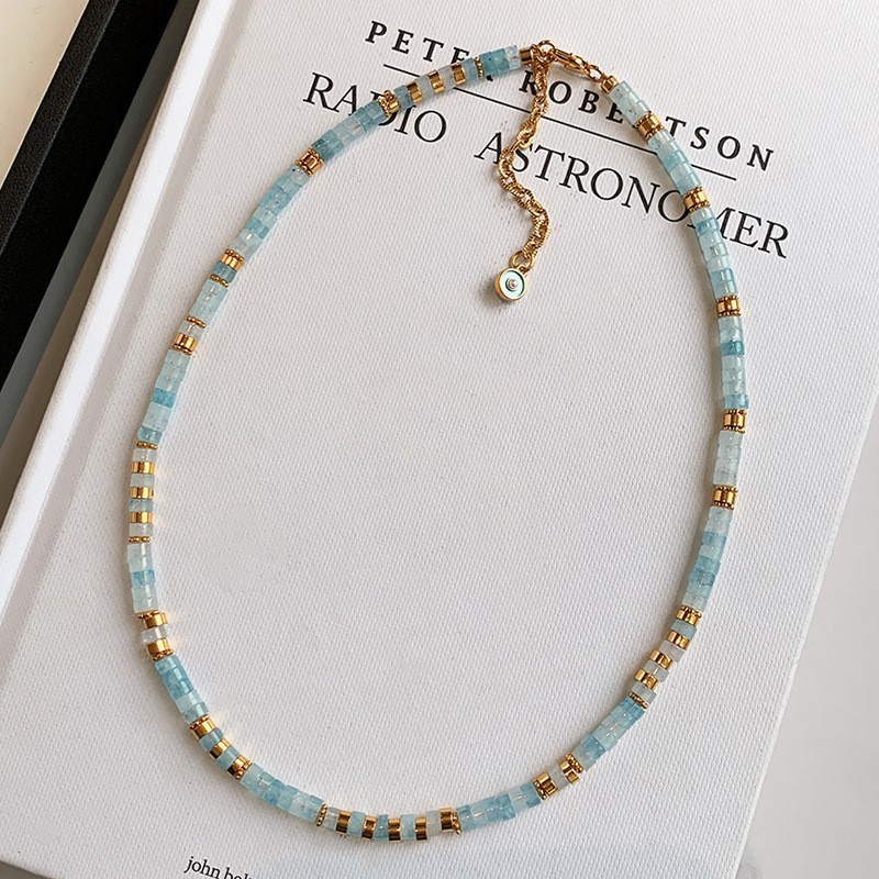 Fashion Natural Blue Aquamarine Beads+ 18KGP Beads jewelry Necklace 40.5+5.5cm