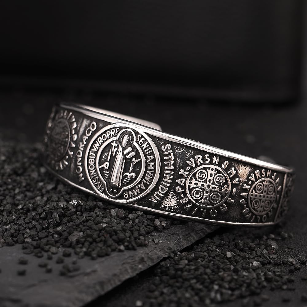 St Benedict Exorcism Medal Cuff Bracelet, Stainless Steel Christian Catholic …
