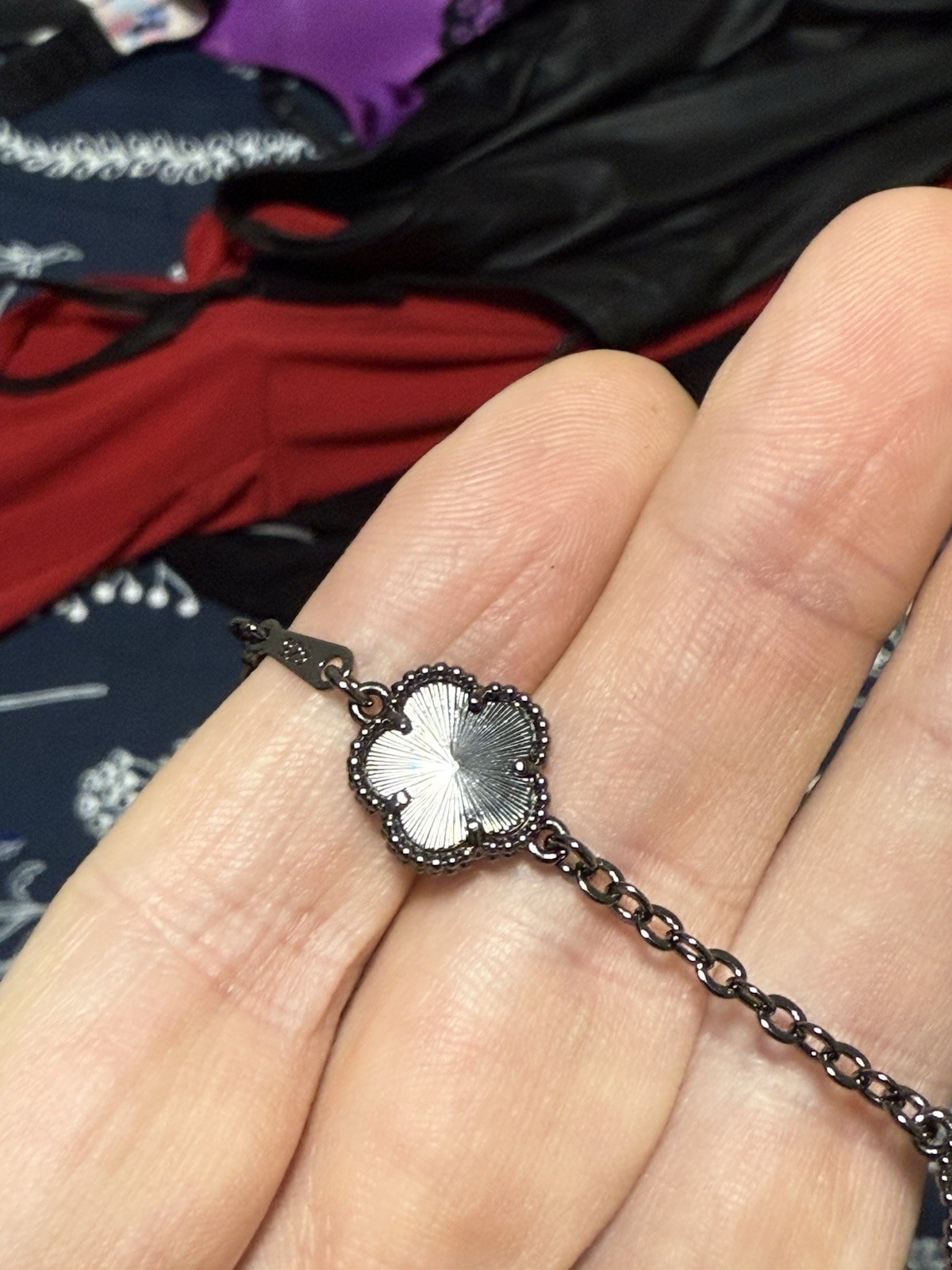 MODRSA 925 Sterling Silver Chain Bracelet Dark Gray Black Flowers Goth Witchy