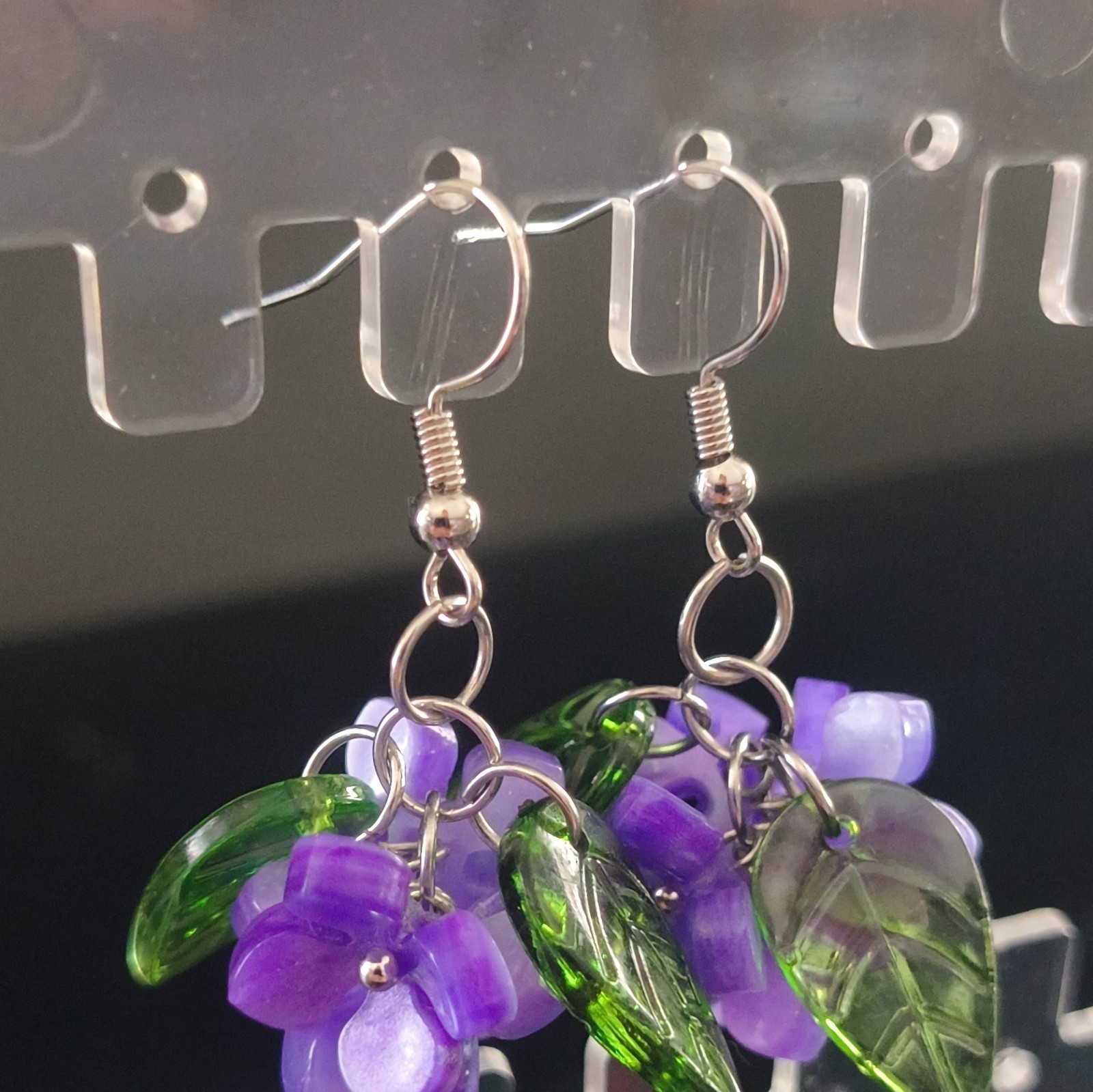 Purple Flower & Green Leaf Dangle/Drop Hook Earrings, Acrylic/Metal, No Stone