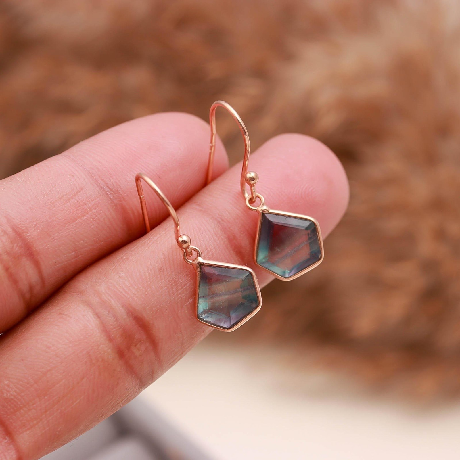Natural Fluorite Shield Dangle Earrings Rose Gold Plated Solid Silver Jewelry