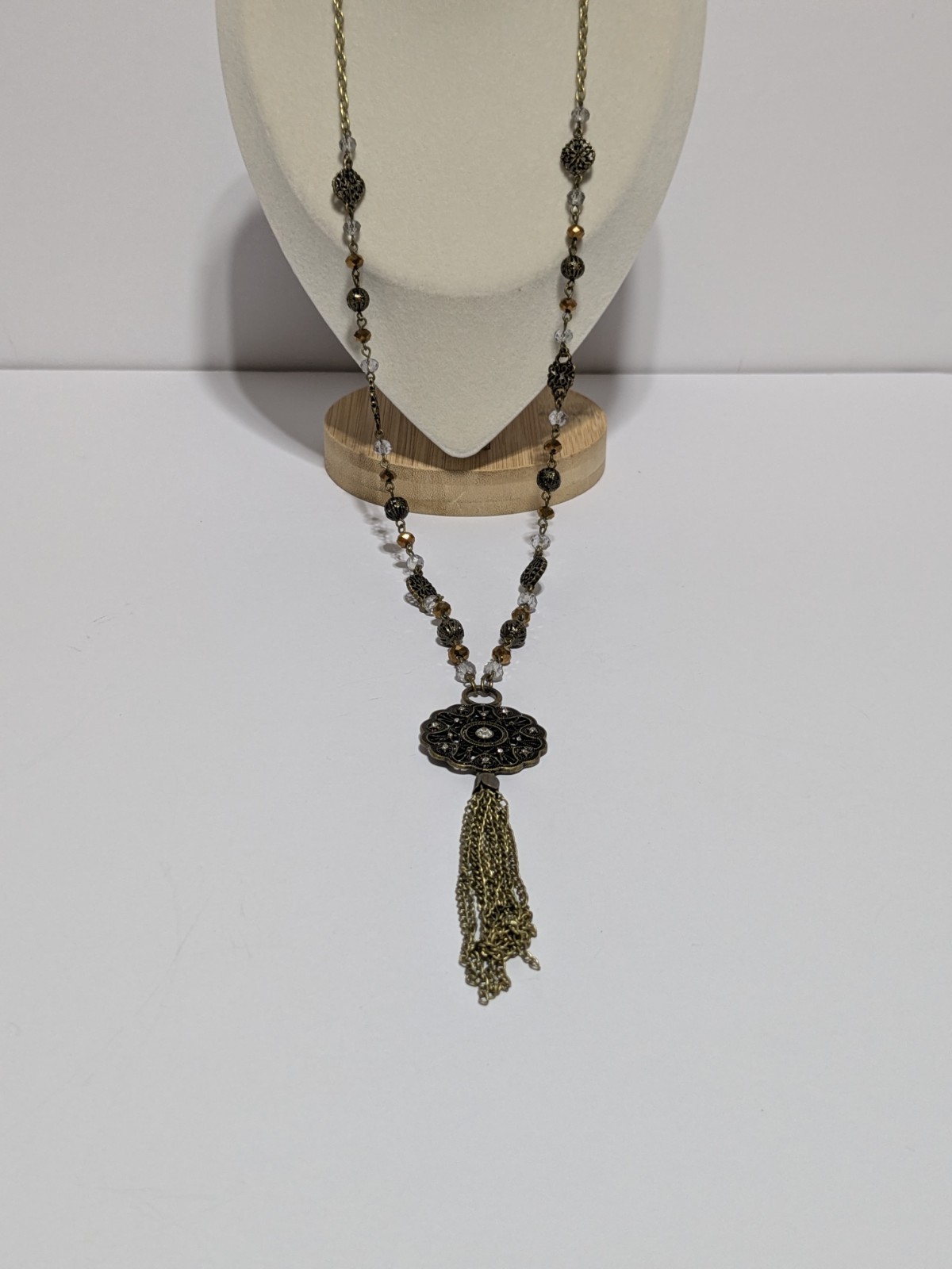 Gold Tone Y Drop Tassel Pendant Necklace With Acrylic Beads & Rhinestones 28″