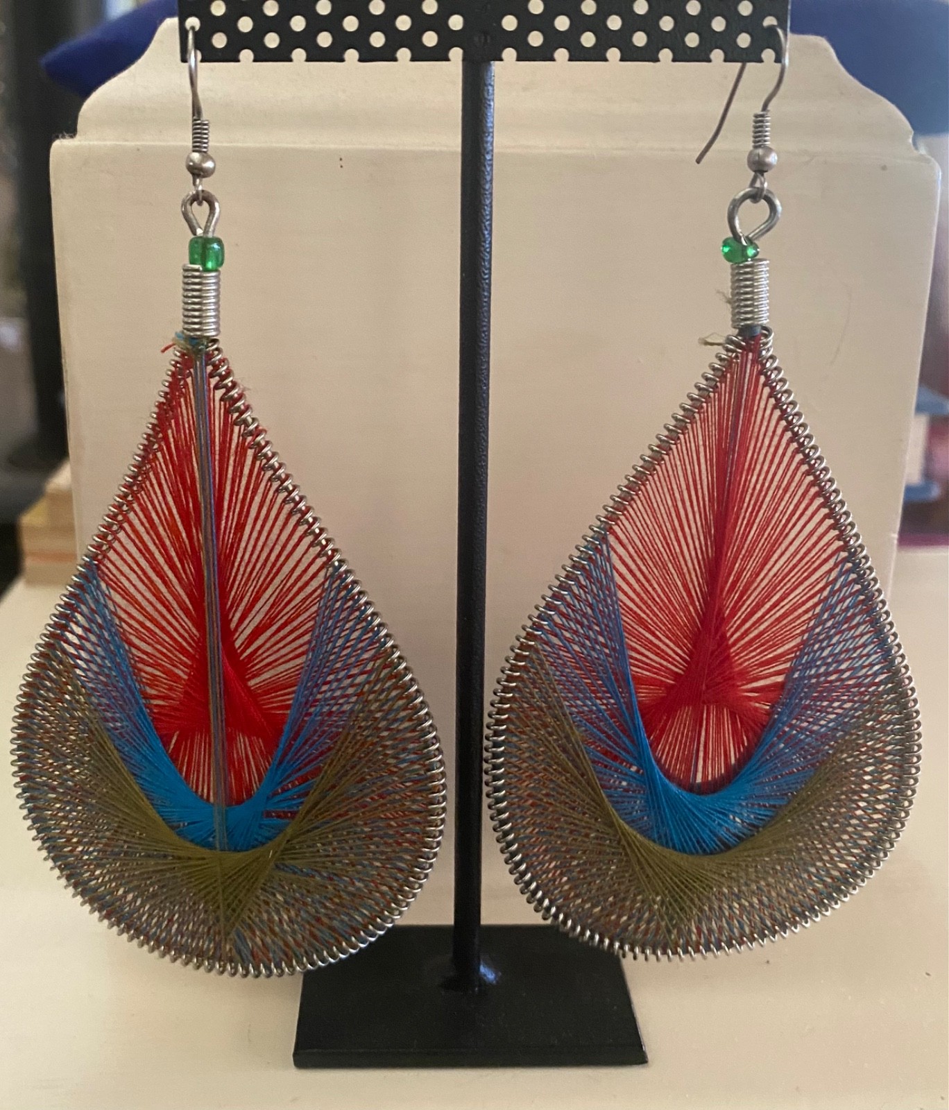 Vintage String Art Peacock Hand Woven Teardrop Earrings Red Blue Green Jewelry