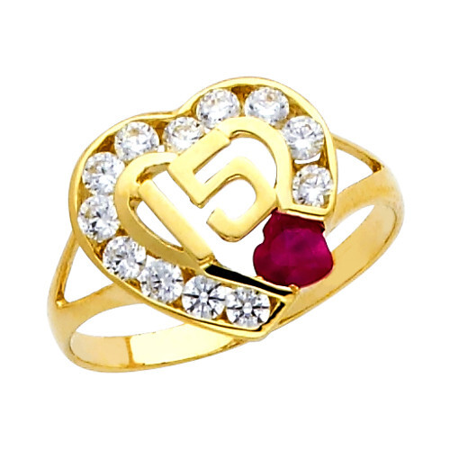 Yellow Gold 15 Años Quinceanera Ruby Heart CZ Ring