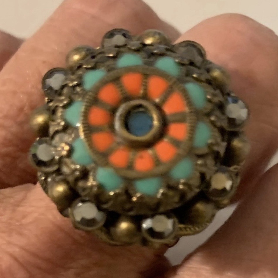 Sweet Romance Round Turquoise & Orange Adjustable Band Statement Cocktail Ring