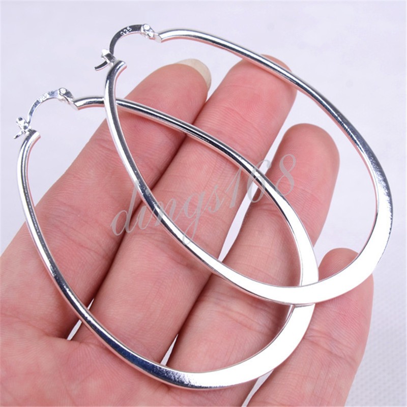 Womens 925 Sterling Silver Tarnish/Nickle-Free 2.7×1.8″ Large Flat Hoop Earrings