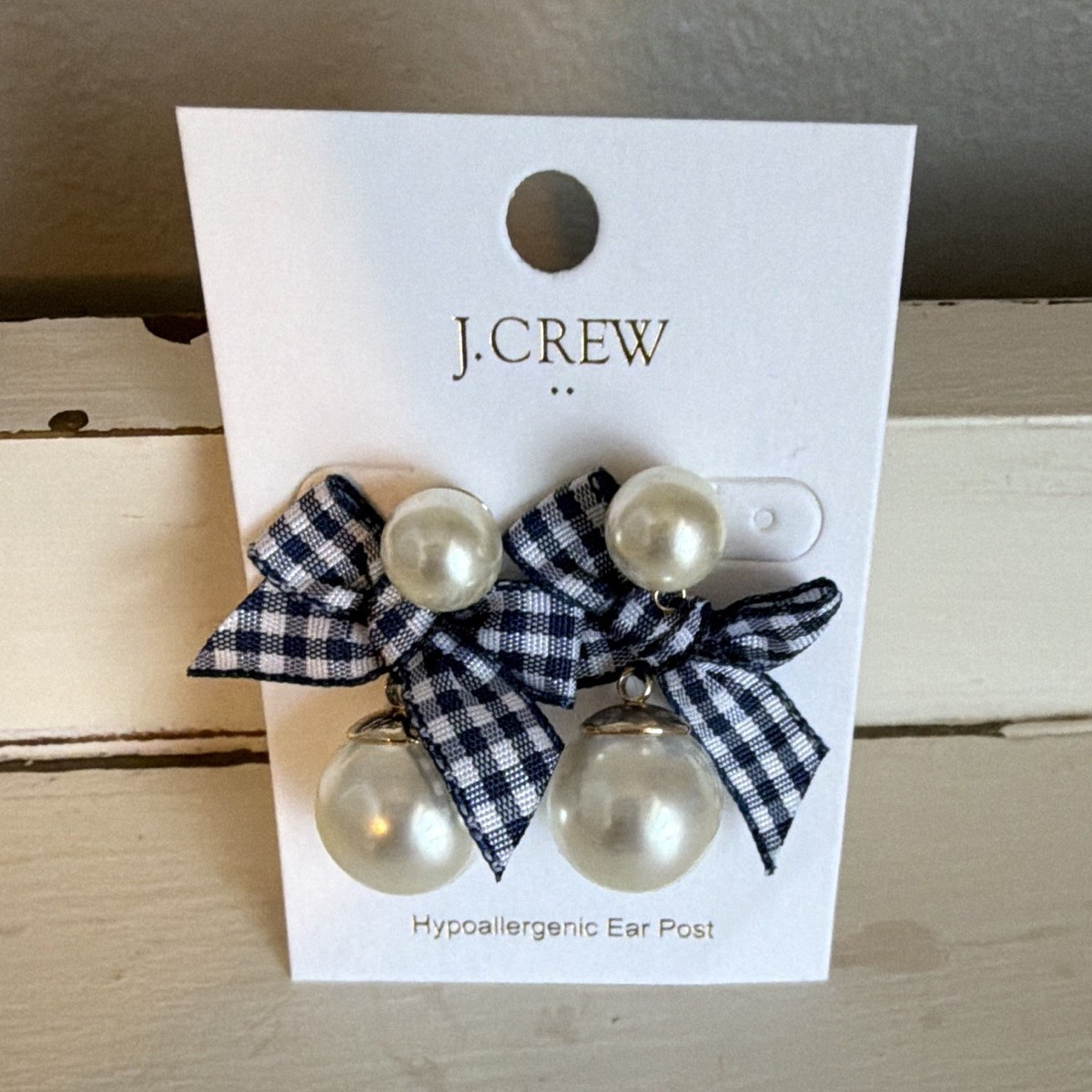 J.CREW Gingham Bow Dangle Earrings White Simulated Pearl Hypoallergenic