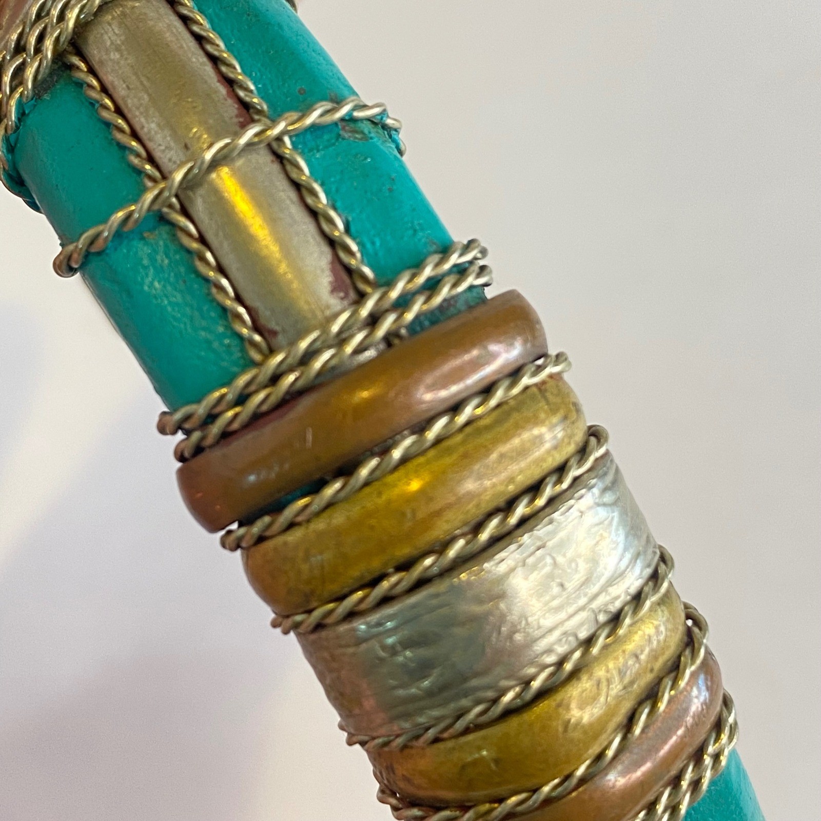 Vintage Ethnic Teal Leather Mixed Metal Wire Wrapped Cuff Bracelet Statement