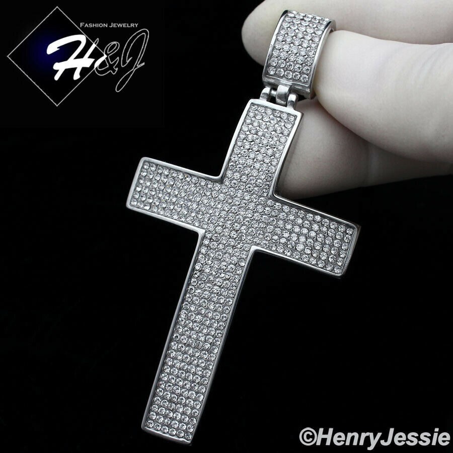 30″MEN Stainless Steel 5mm Silver Box Link Necklace ICY CZ Cross Pendant*IP21