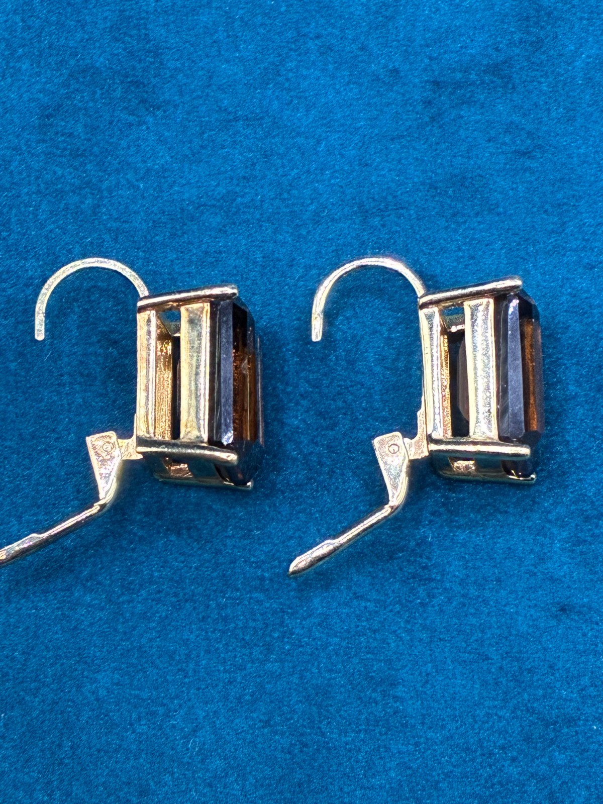 Smoky CZ Earrings SETA Emerald Cut Prong Set Lever Back Gold Tone .75″
