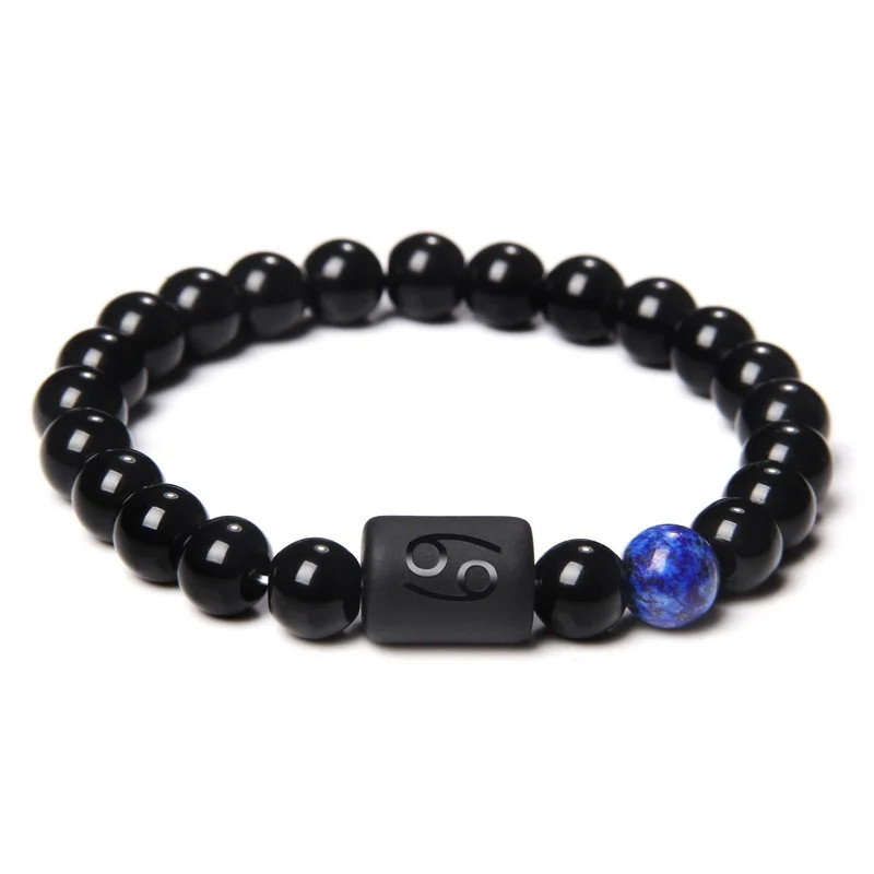 12 Constellation Zodiac Beads Couples Bracelet Natural Black Onyx Elastic Charm