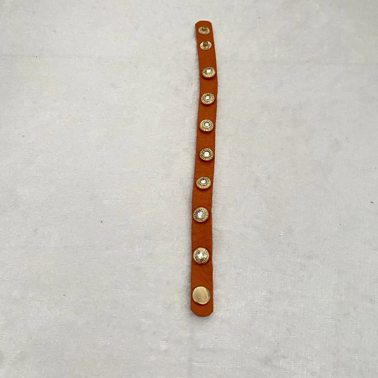 King Star Bracelet Orange Leather White Rhinestone Gold Tone Accept Snap Closure