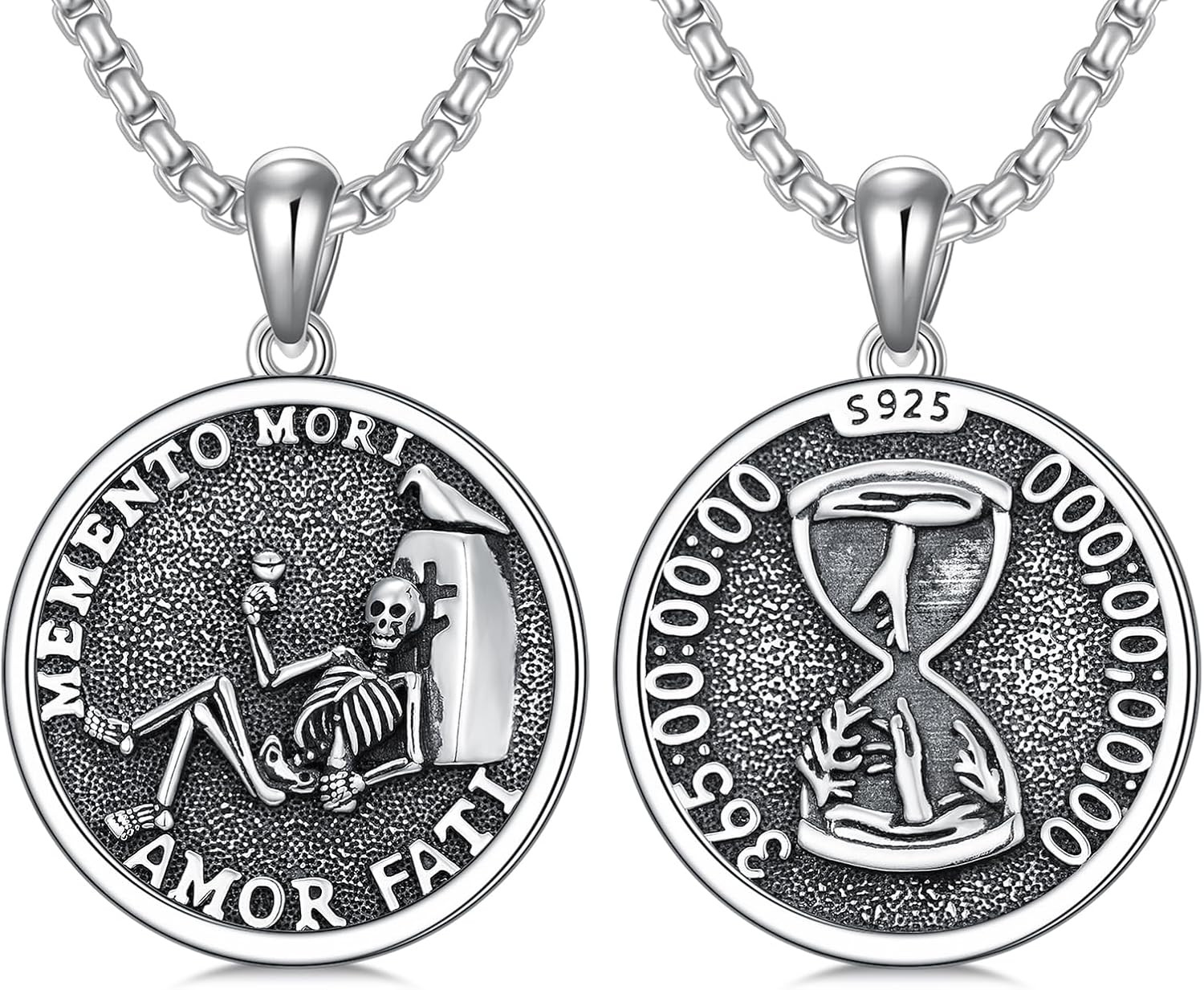 Memento Mori Unus Annus Necklace Sterling Silver Death Skull Hourglass Pendant
