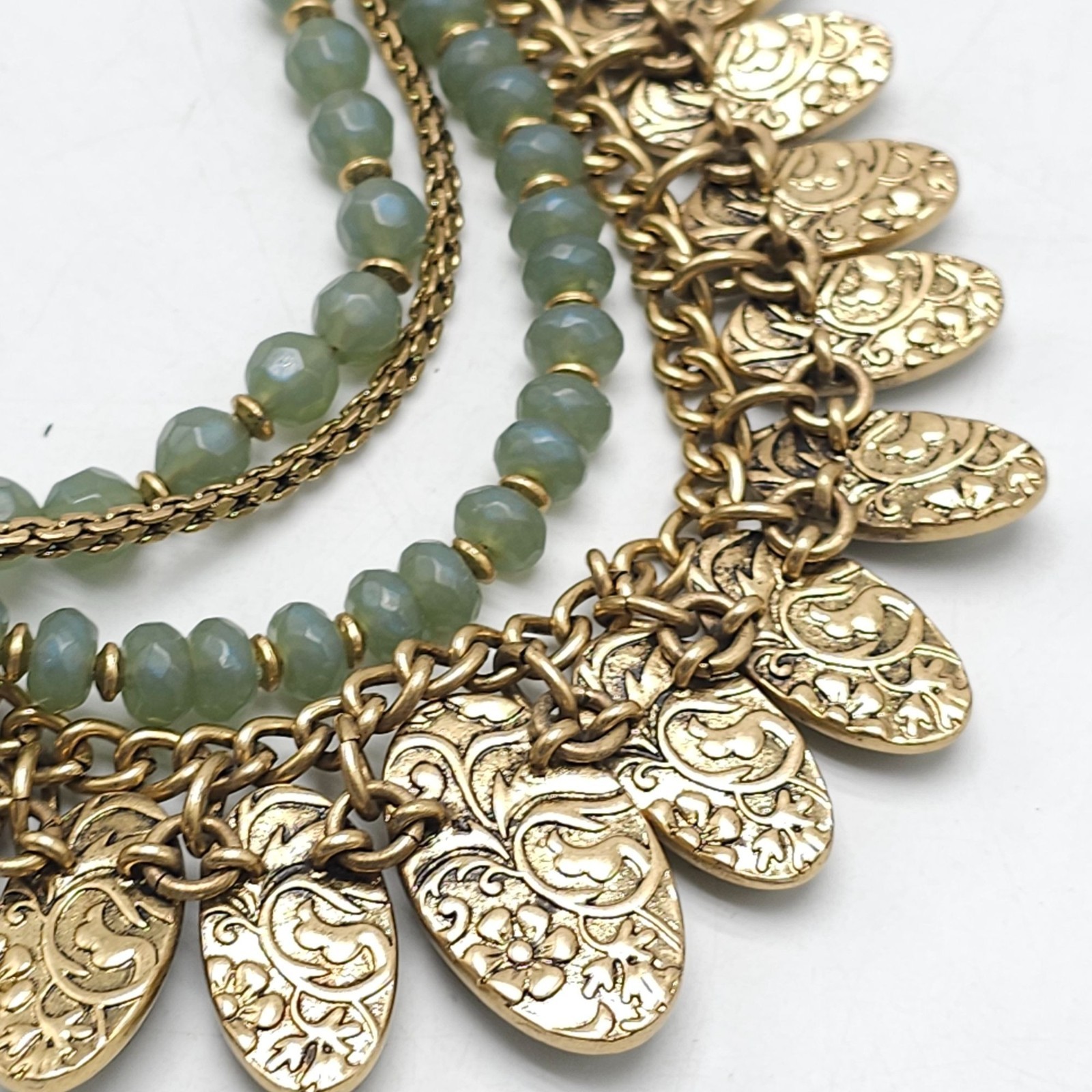 Green Beaded Statement Necklace With Gold Chain & Clover Charm By Lucky Brand