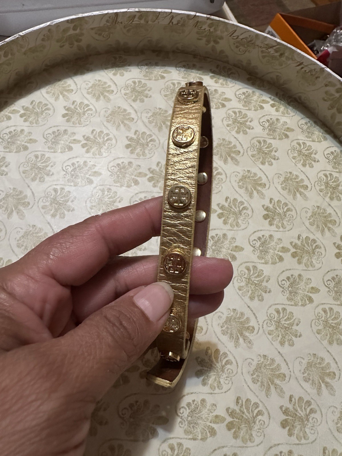 Tory Burch signature monogram Leather Bracelet Made in USA 15”long