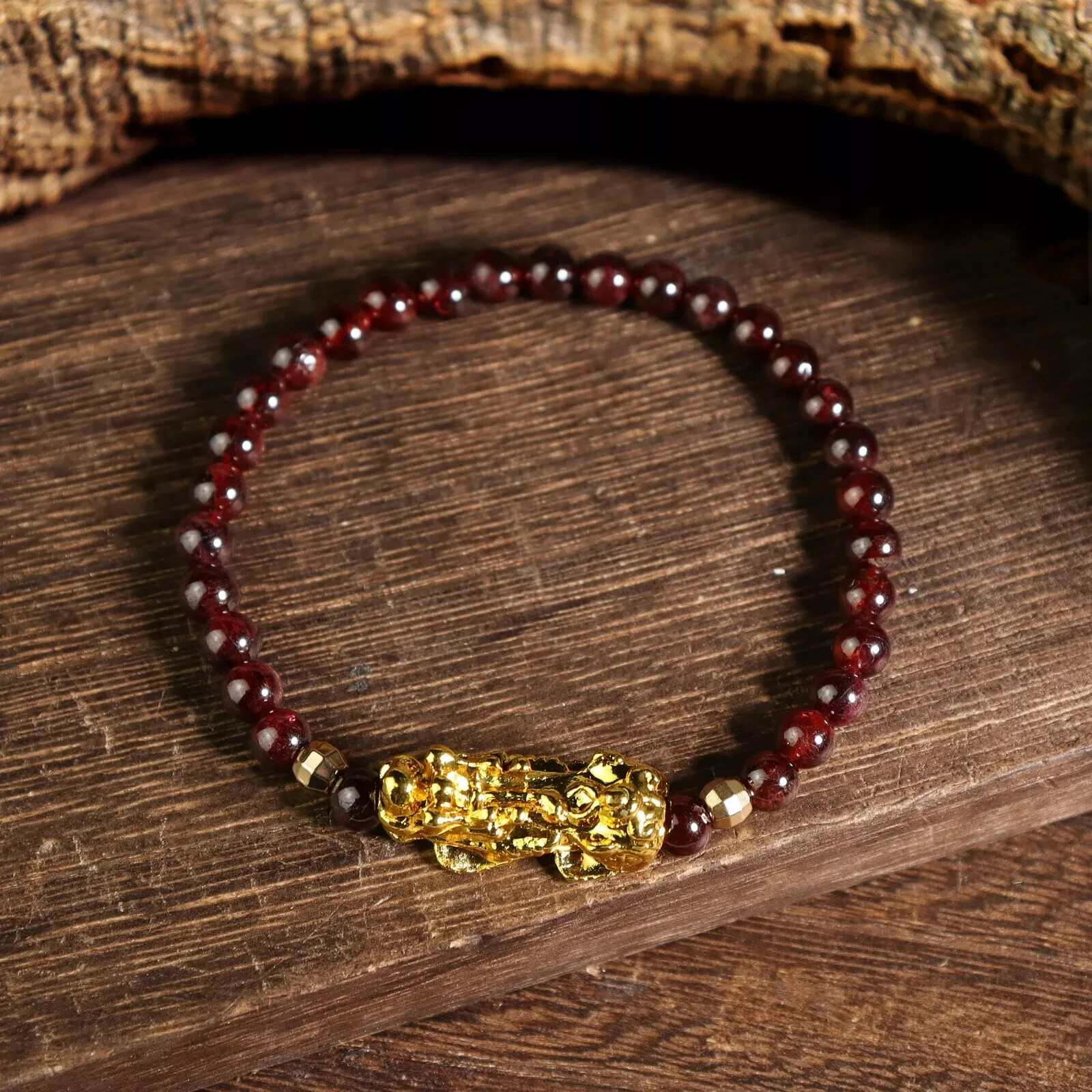 Natural Garnet 6mm Bead 14K Gold Pixiu Wealth & Luck Fengshui Healing Bracelet